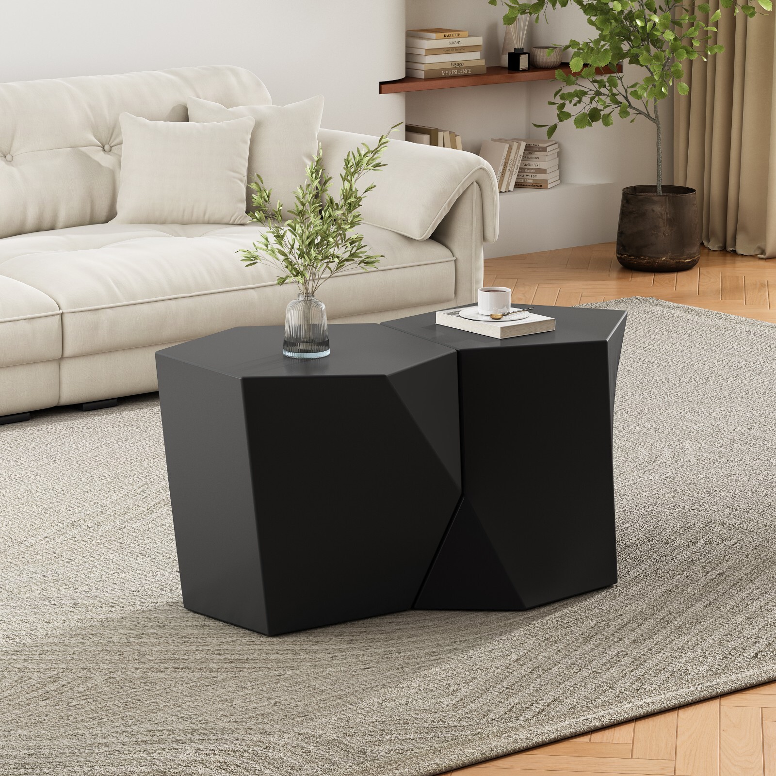 Black Modern Geometric Coffee Tables Pentagon & Hexagon Tops, Set of 2
