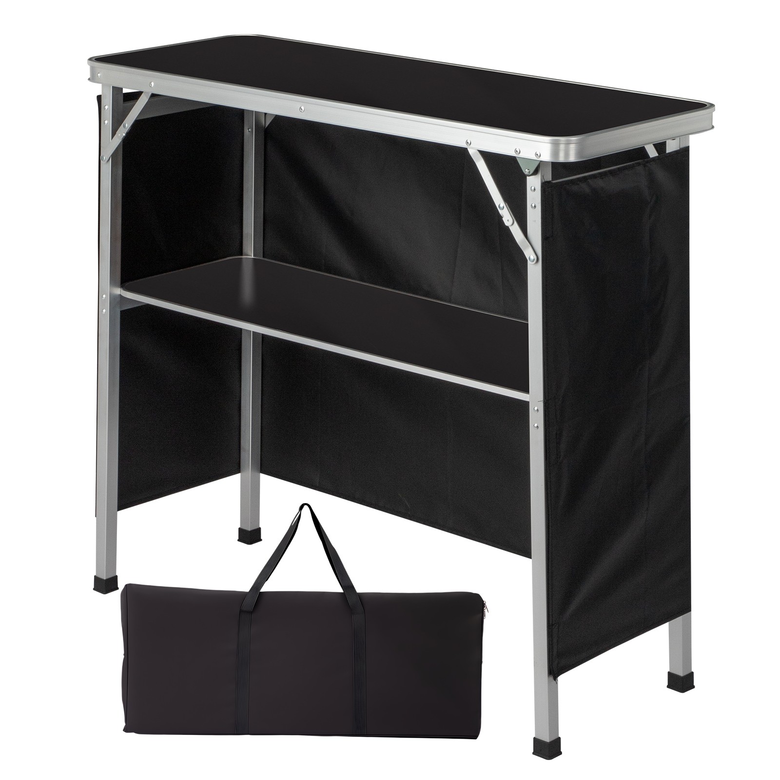 Portable Folding Bar Table with Shelf, Tradeshow Podium Table with Black Skirt