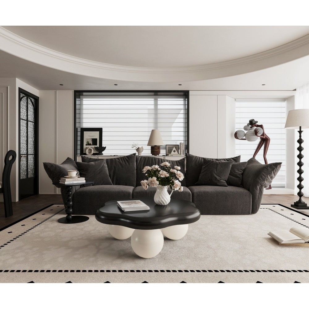 35″ Cloud Coffee Table, Petal-Shaped, Black Top White Legs, Spherical Base