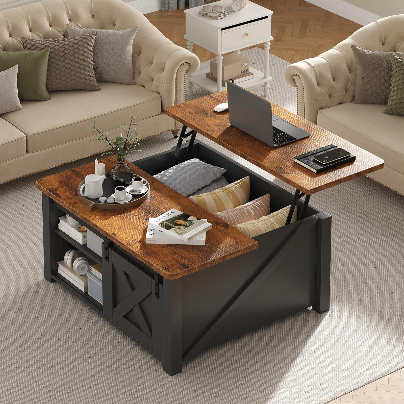 Wooden Lift Top Coffee Table,Livingroom Farmhouse Center Table w/ Hidden Storage