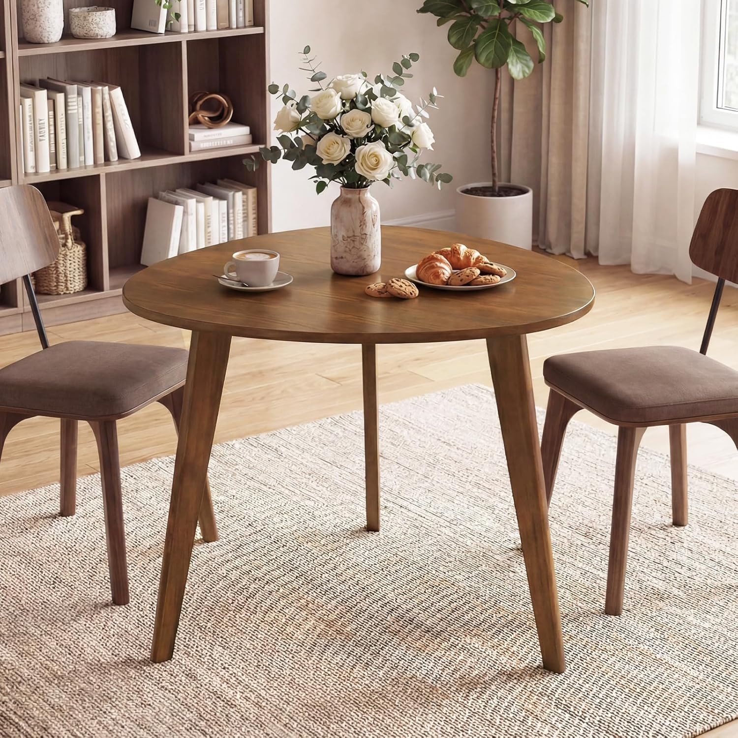 Walnut Farmhouse Dining Table for 2-3, Space-Saving Wooden Kitchen Table