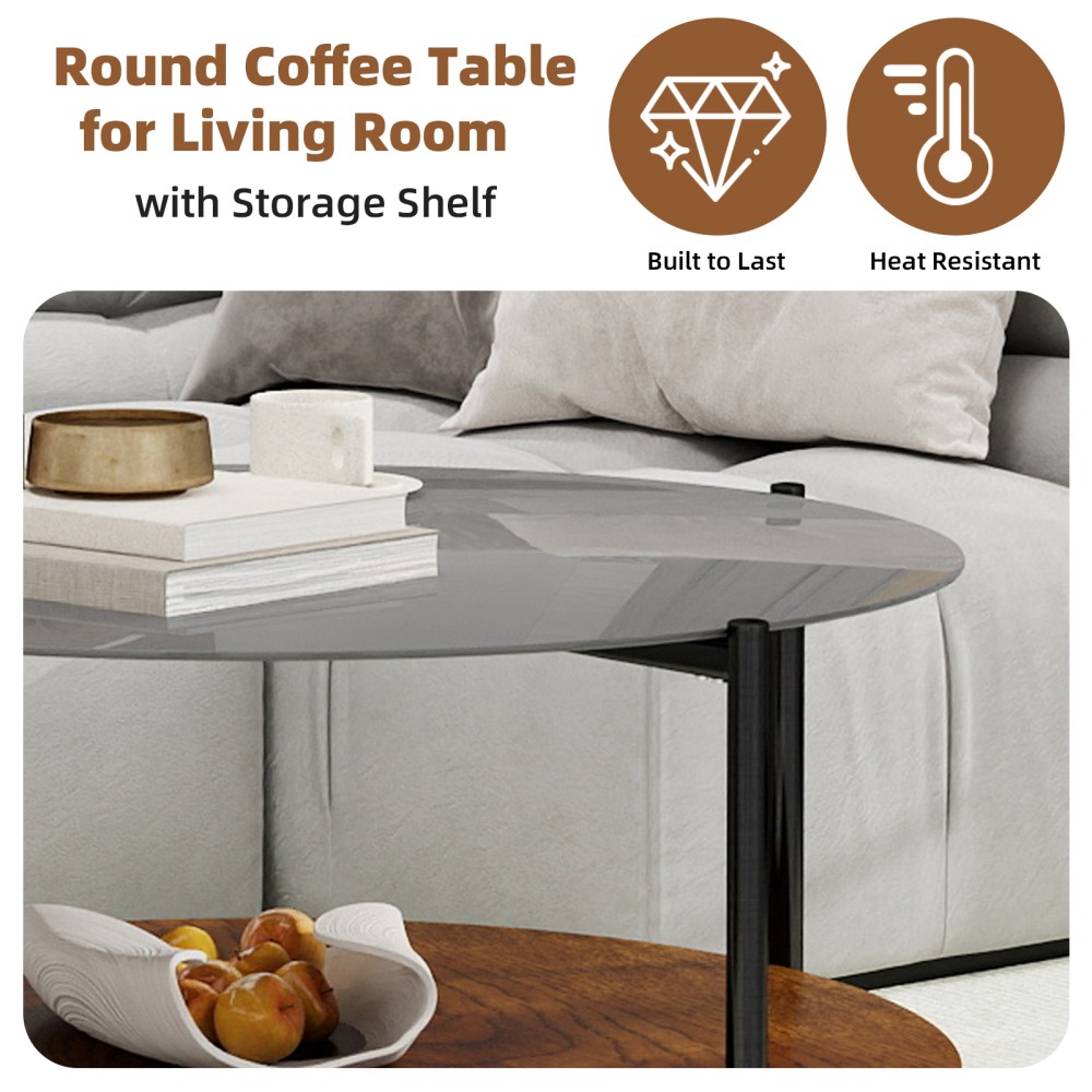 Modern Round Coffee Table Black Tempered Glass Top Solid Walnut Shelf Legs 32 in