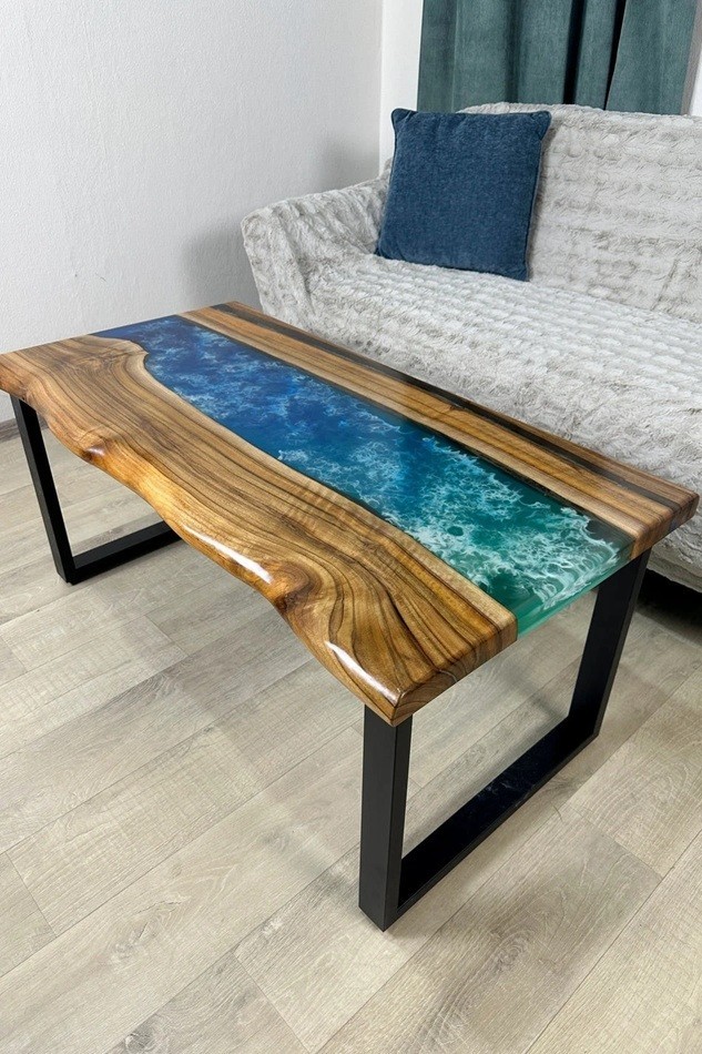 Handmade Live Edge Walnut Epoxy River Table | Ocean Blue Resin Coffee Table Live