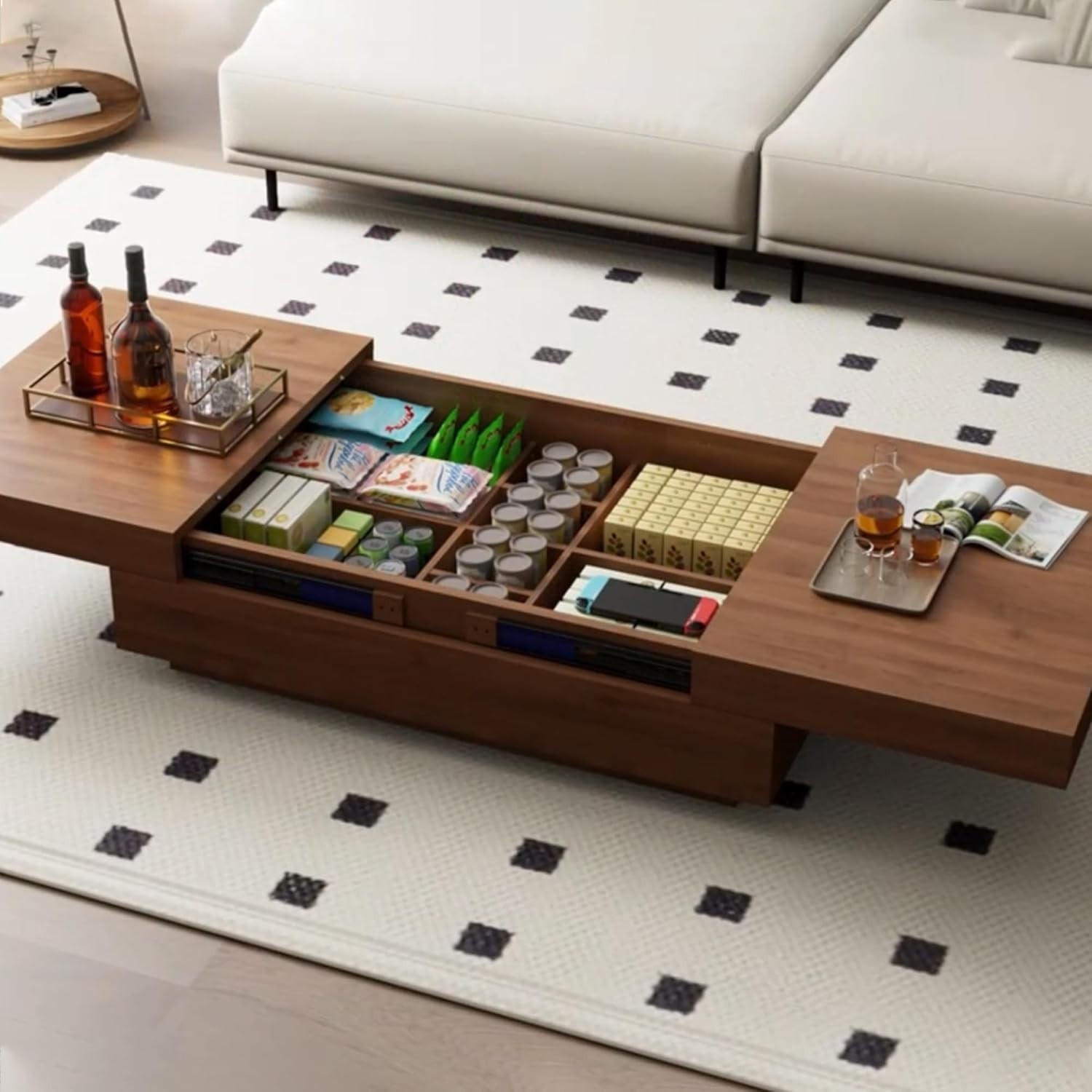 Mid Century Coffee Table with Storage Adjustable Table for Living Room Walnut