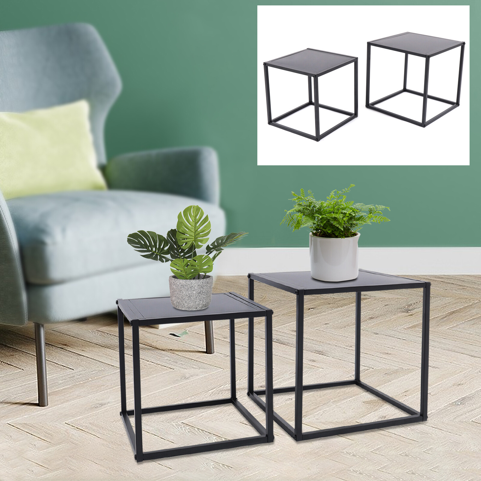 2pc Modern Metal Coffee Table Tray Square Side/End Table Office Home Matt Black
