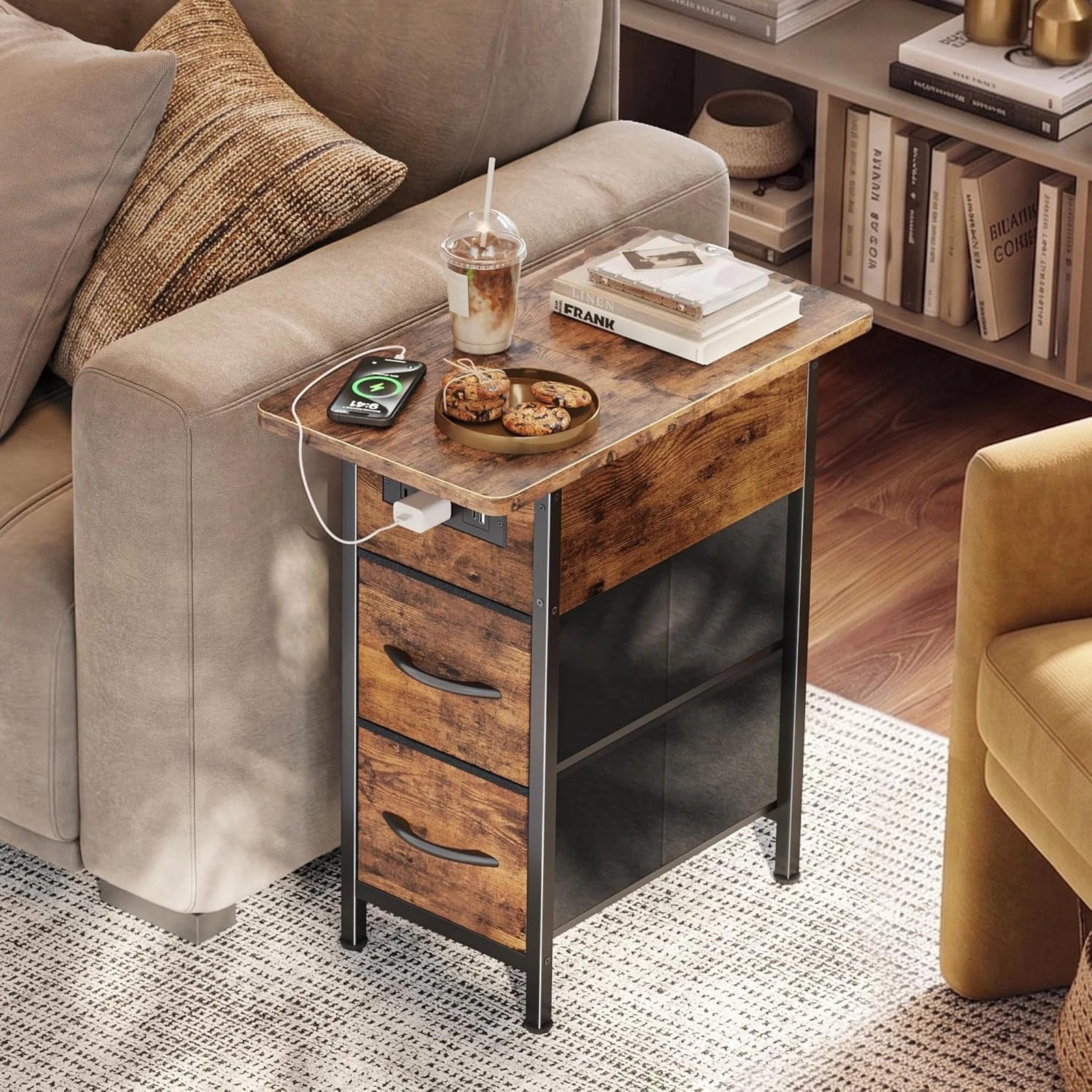 End Table with Charging Station and Fabric Drawers, Slim Nightstand with USB C