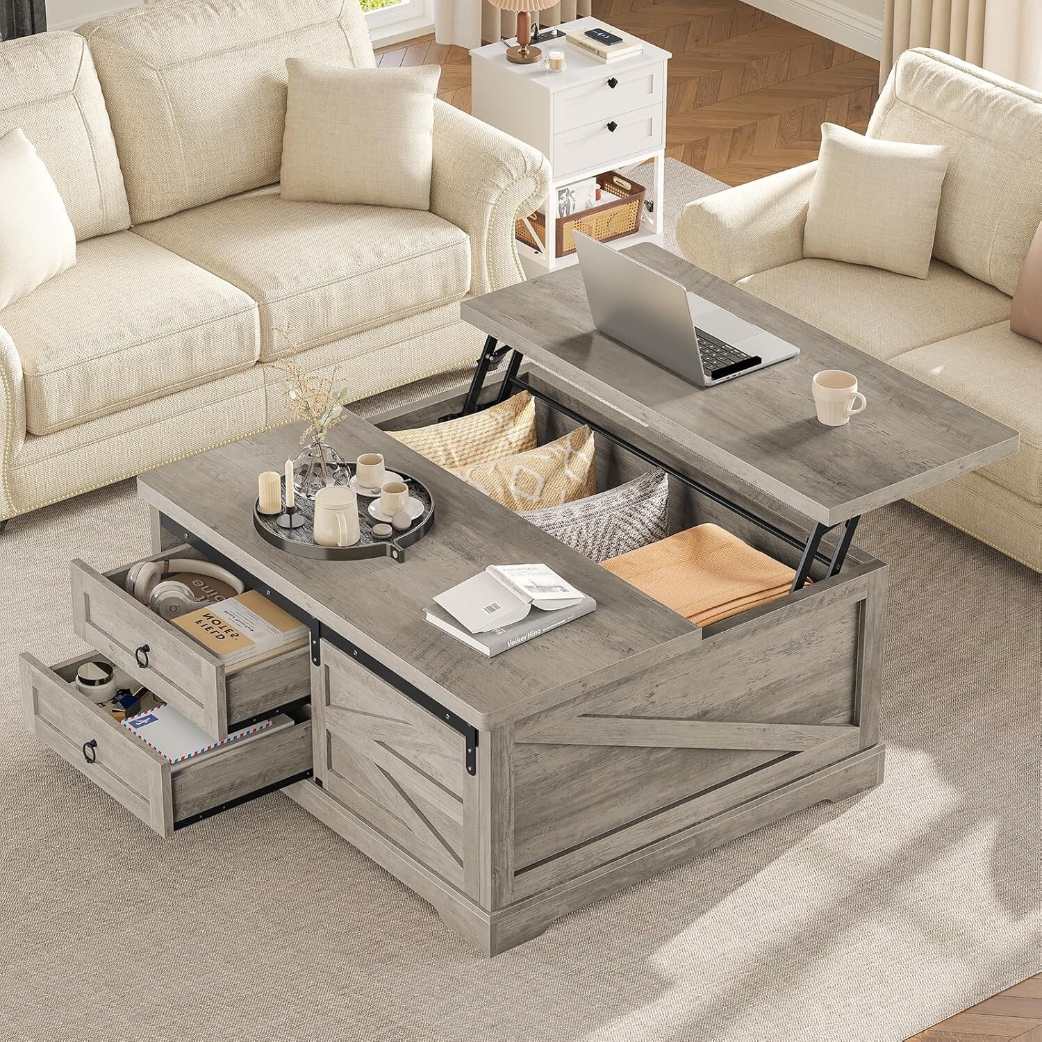 Farmhouse 39.4” Lift Top Coffee Table with Large Hodden Compartment & 2 Drawers