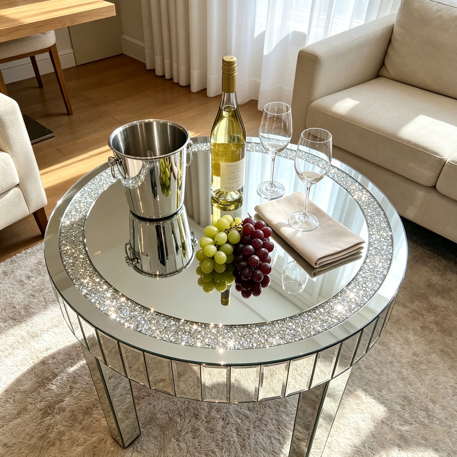 24″/32″ Glam Round Mirrored Coffee Table Crystal Diamond Inlay Sofa Accent Table