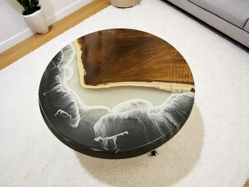 Ocean Wave Epoxy Resin Coffee Table: Live Edge Acacia Wood, Coastal Home Decor