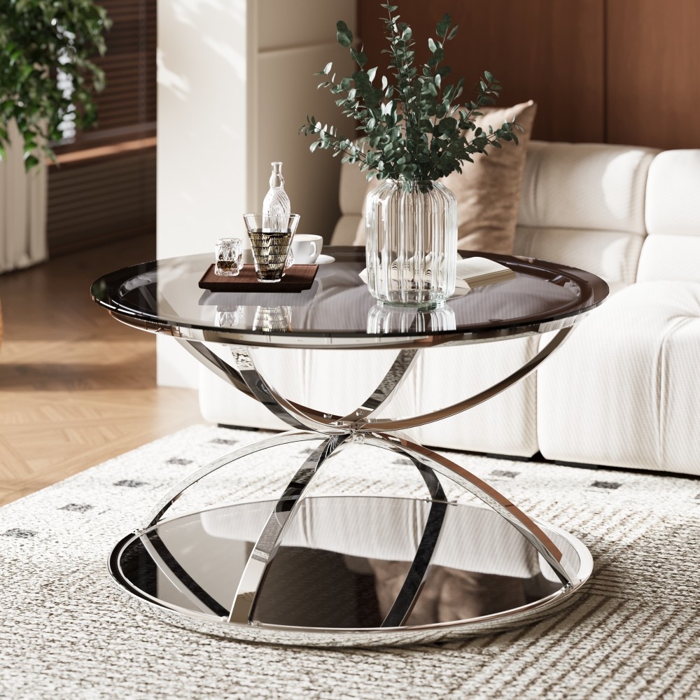 Glass Coffee Table, Ring-Shaped Frames, Chrome Finish and Gray Tempered Glass