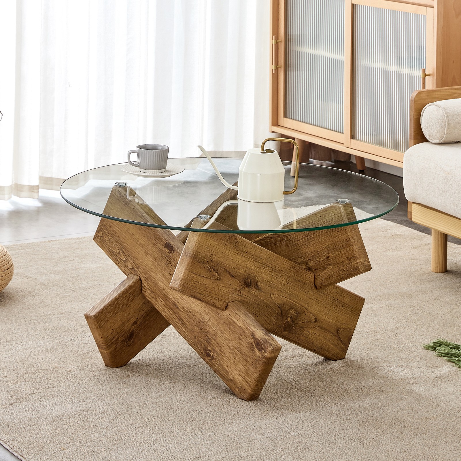 33.4″ Round Tempered Glass Coffee Table Cross MDF Wood Leg Modern Farmhouse