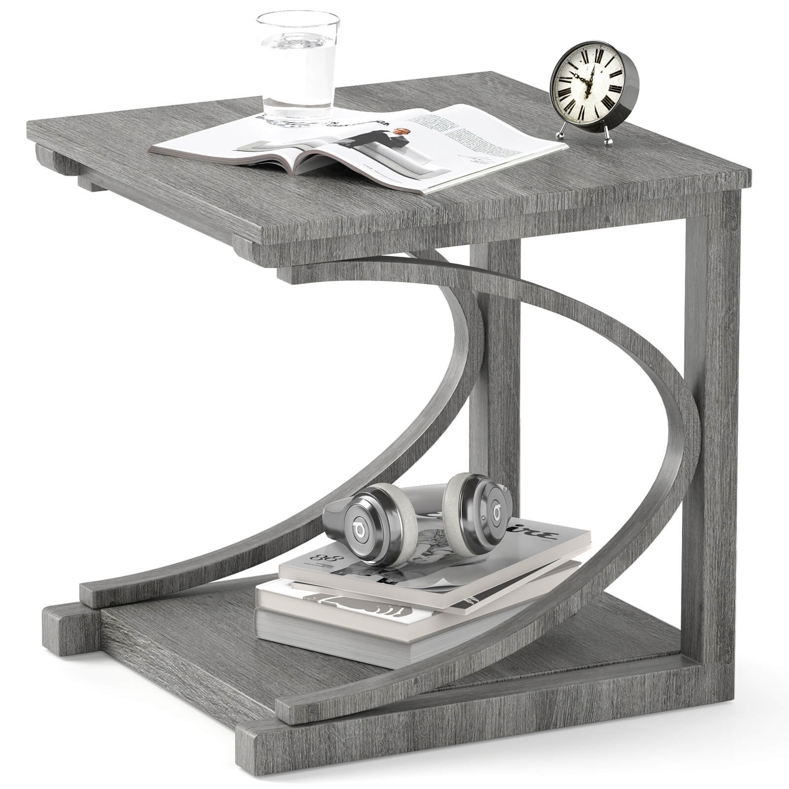 24″ Side End Table w/ Storage Shelf & Rubber Wood Frame for Small Space
