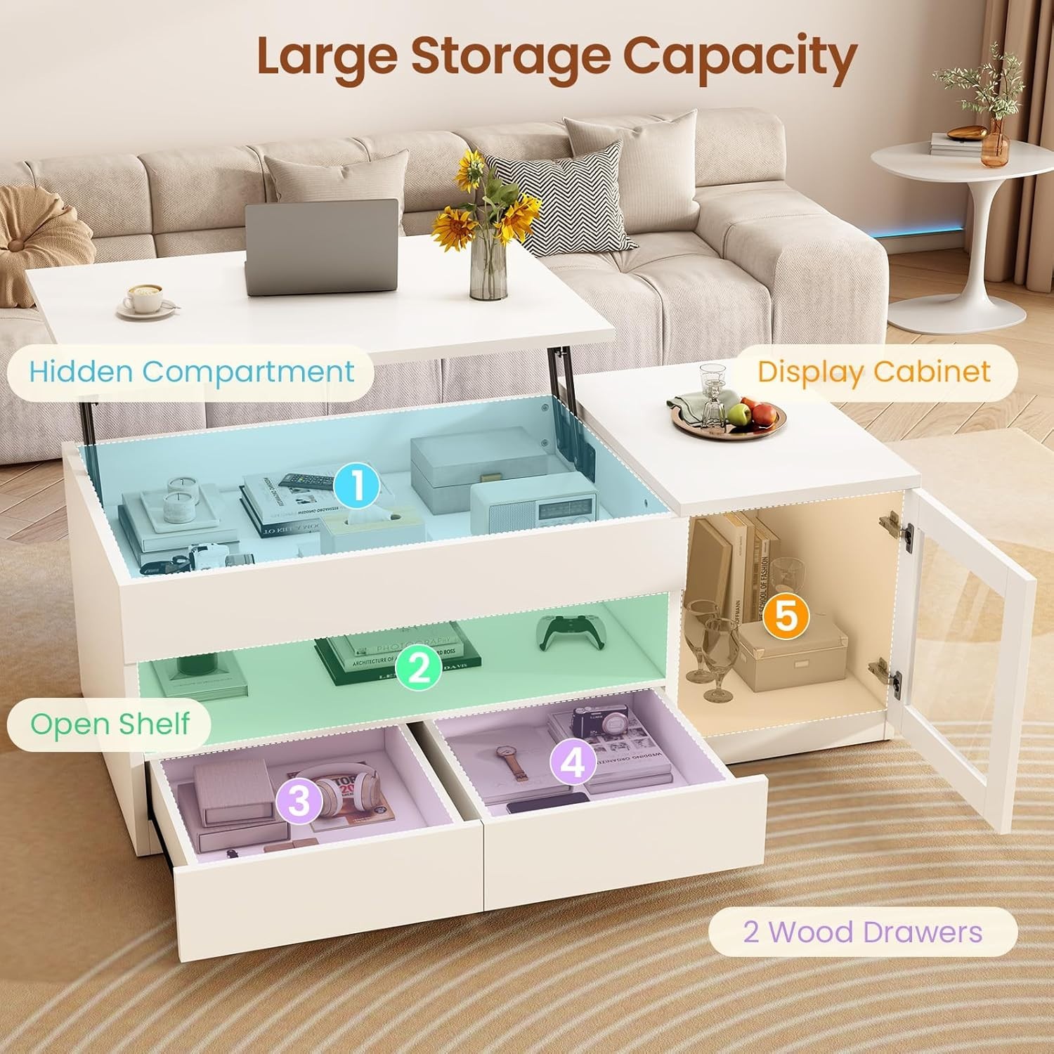39.4″ Lift Top Coffee Table with Glass Storage Cabinet, Modern LED Coffee Table
