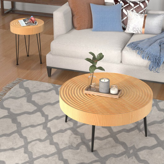 Set of 2 Solid Wood Farmhouse Round Coffee Tables-Natural – Color: Natural