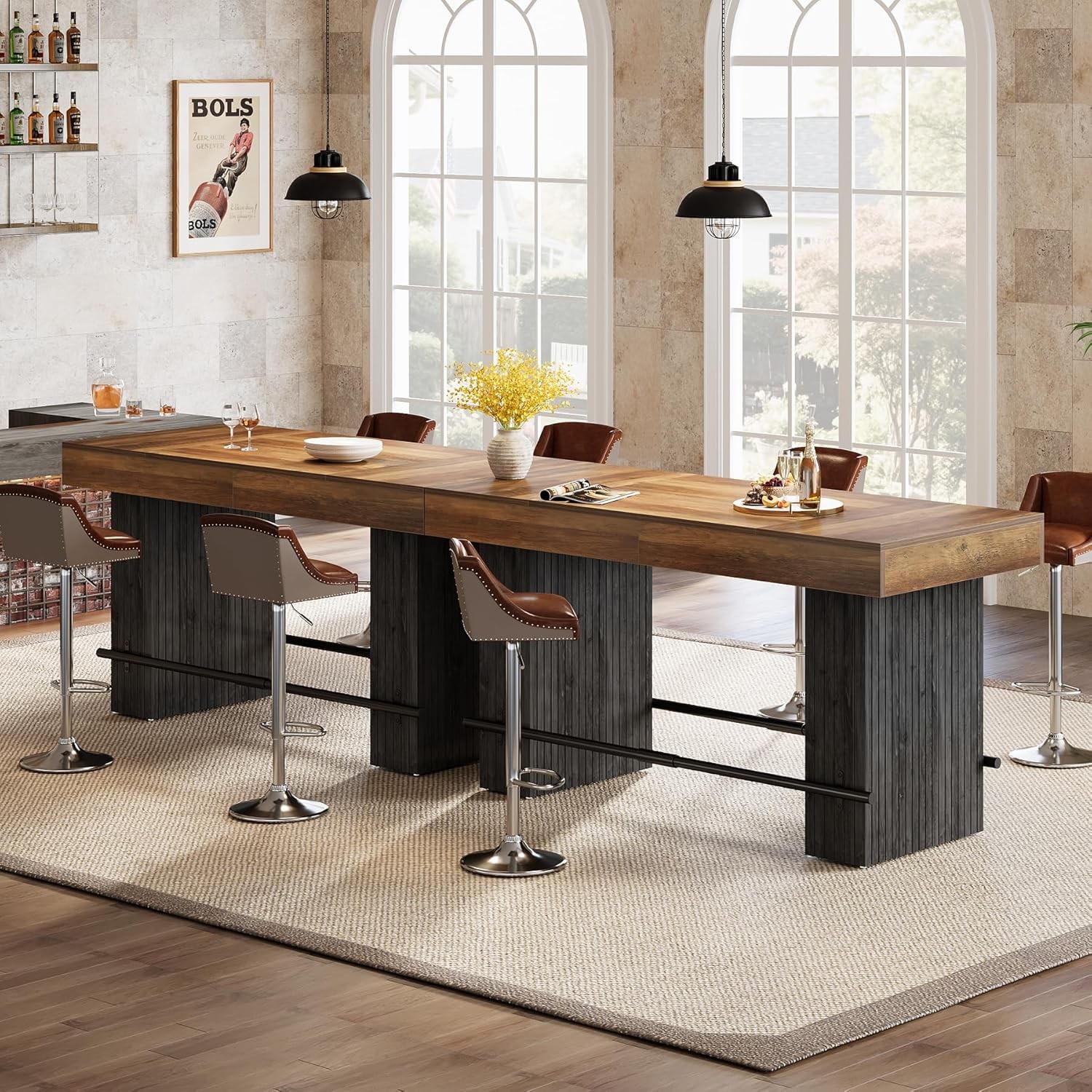 62.2 Inch Bar Table, Industrial Counter Height Pub Table with Metal Footrest