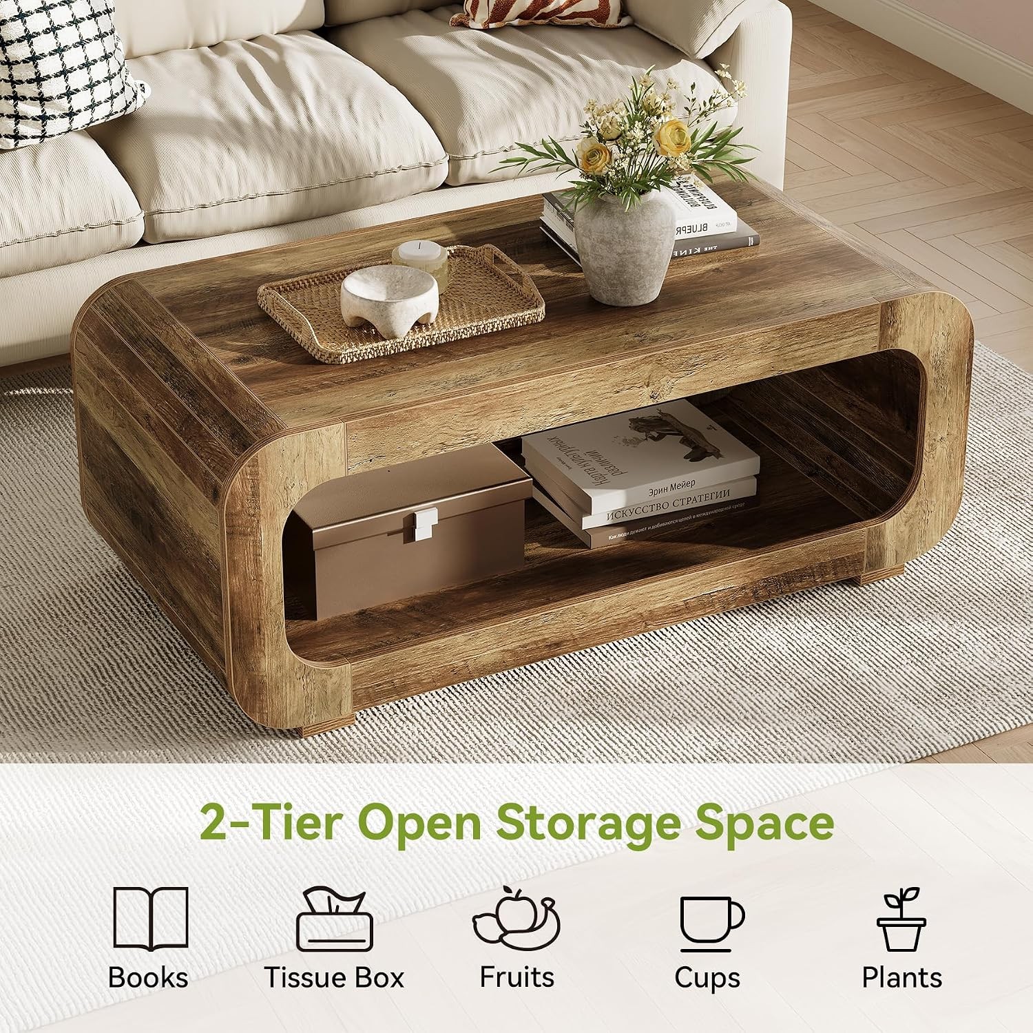 47” Modern Coffee Table 2-Tier Wooden Rectangular Center Table for Living Room