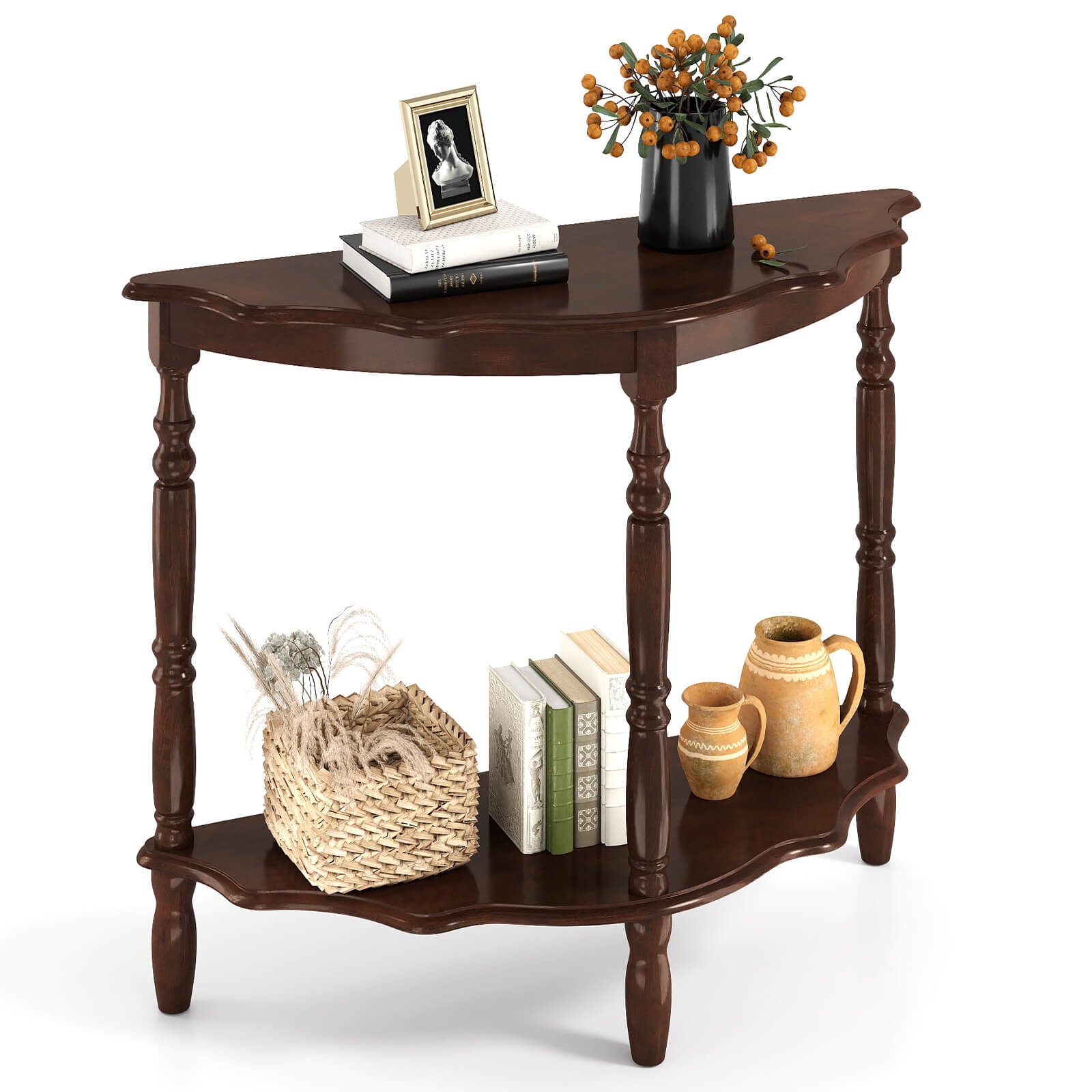 42 Inch Half Moon Console Table w/Shelf & Rubber Wood Legs for Entrance Hallway