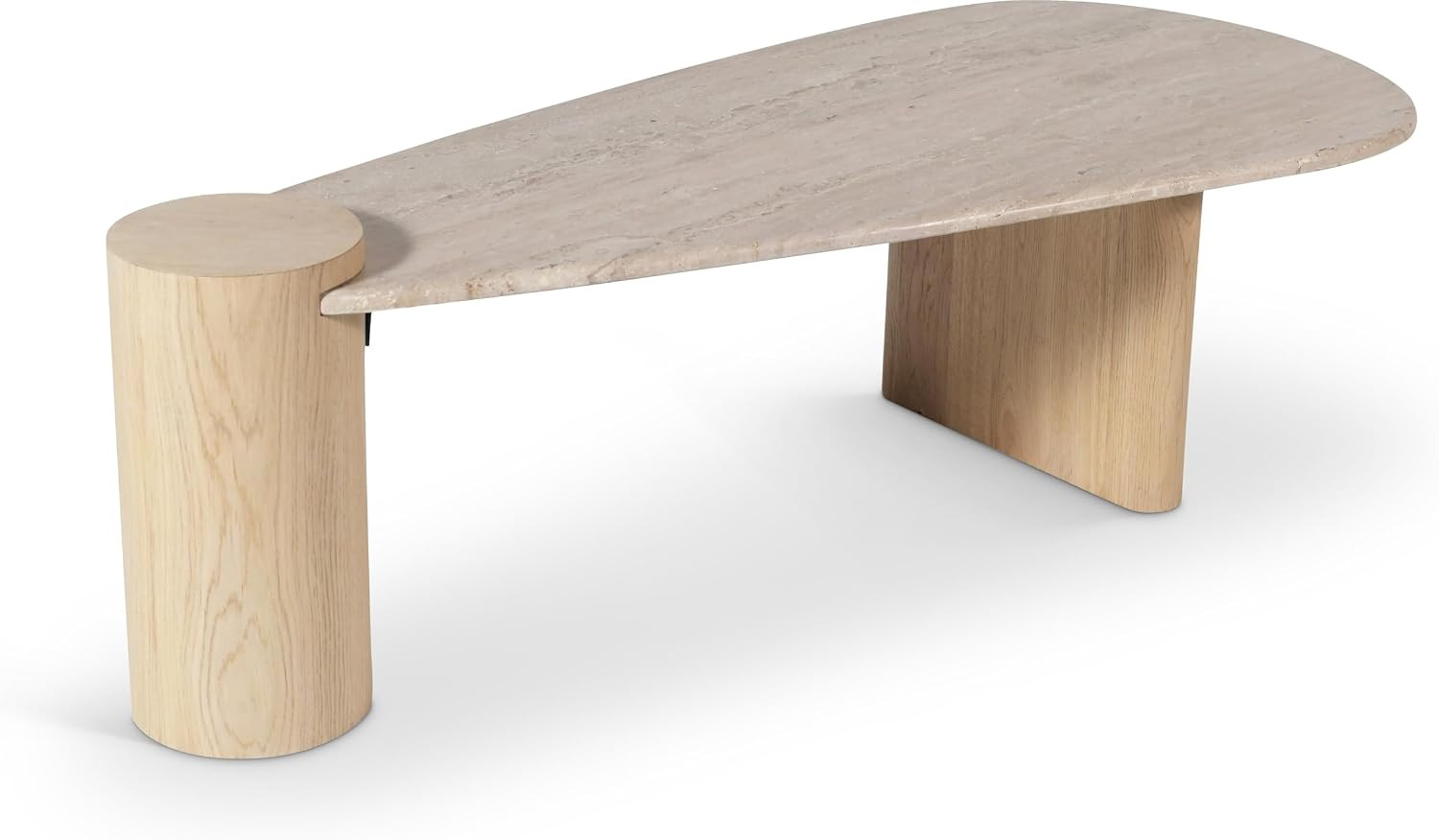 Art Deco Coffee Table with Genuine Travertine Top and Oak Legs, 53″ W