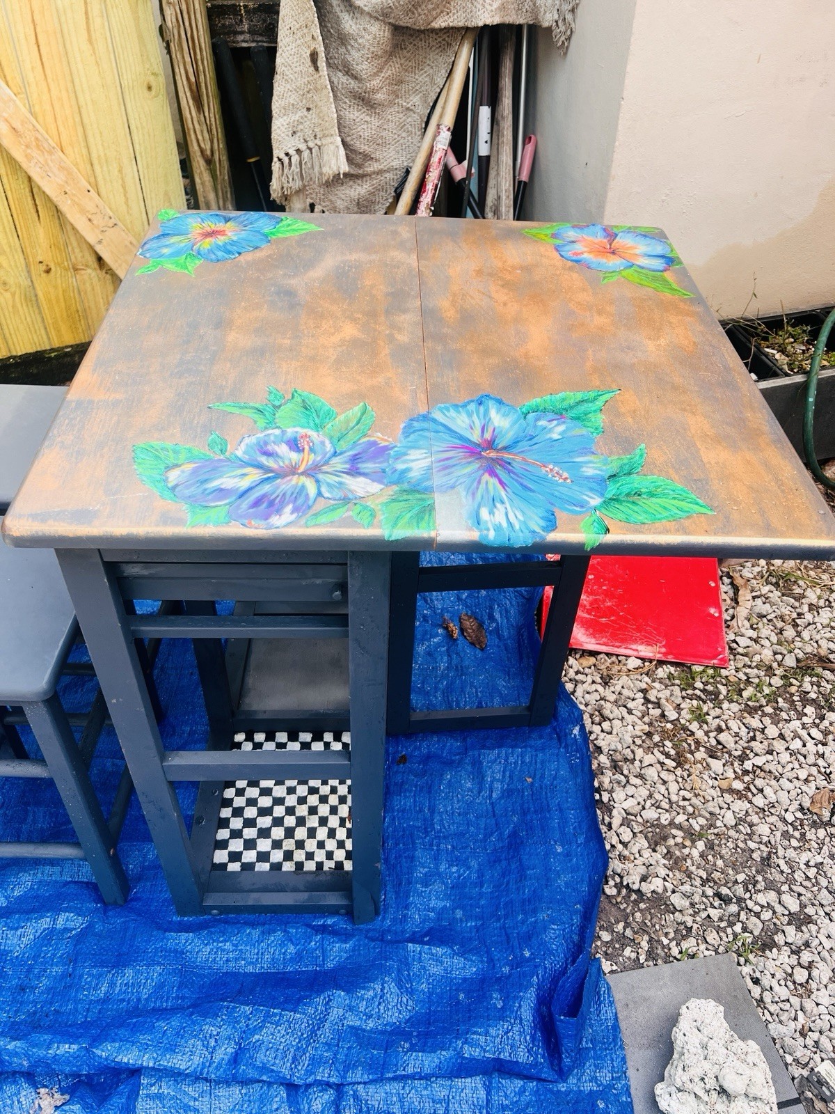 ArtistsWood Drop Leaf Table w/ 2 Drawers & 2 Stools, Floral Top, Rectangular