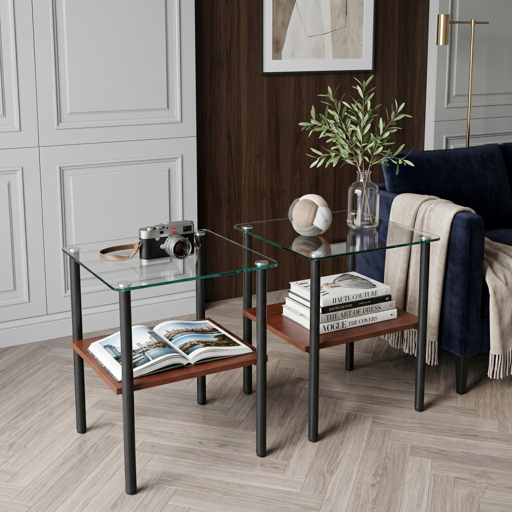 Modern 2-Piece Glass Side Table, Tempered Top with Storage Shelf, Metal Legs