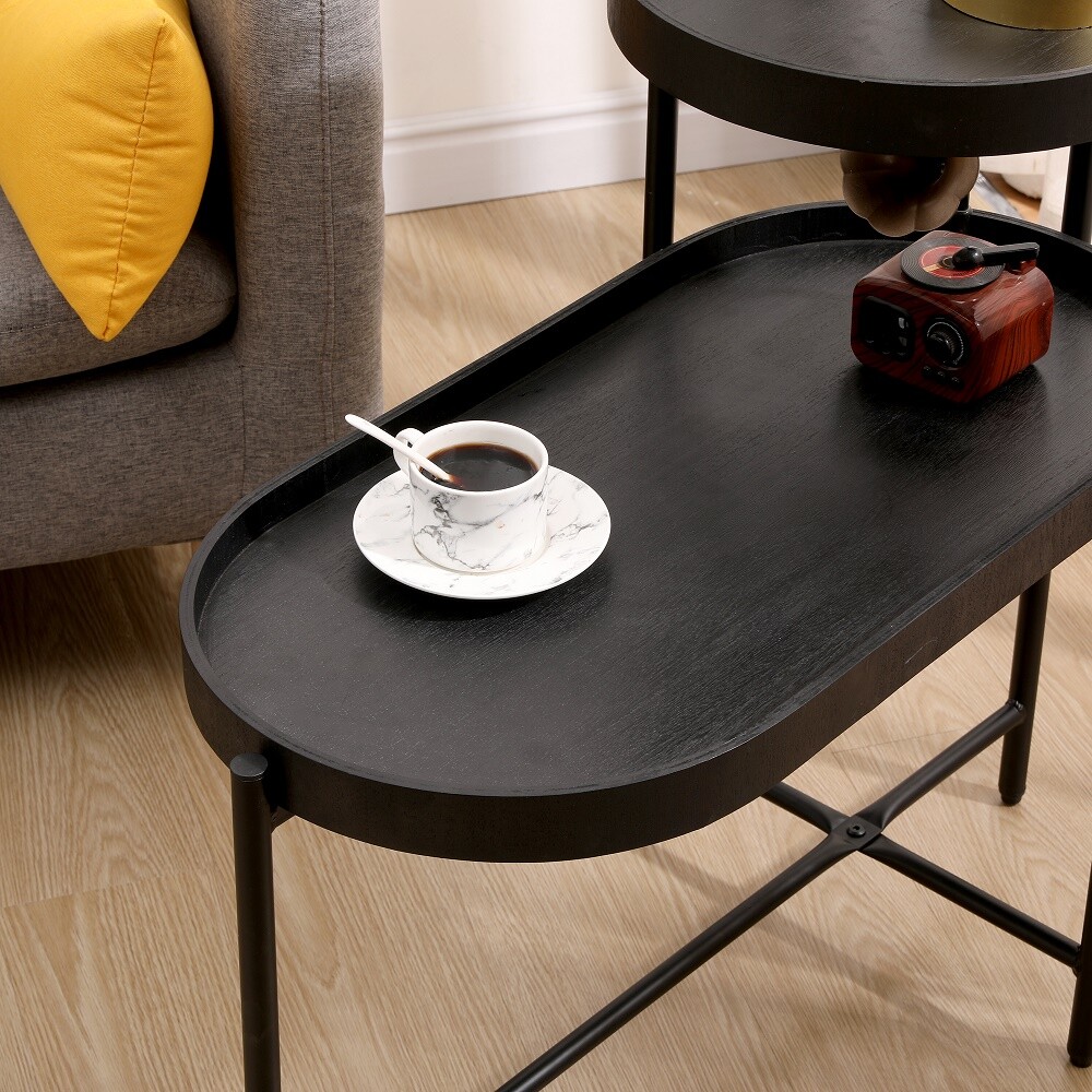 2-Tier Black Side Table with Storage Sofa Table Metal Frame & Wooden End Table
