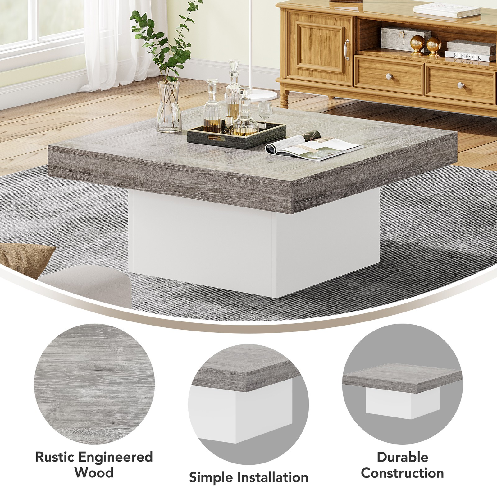 35″ Modern Square Coffee Table with Led Light, Wood Center Table for Living Room