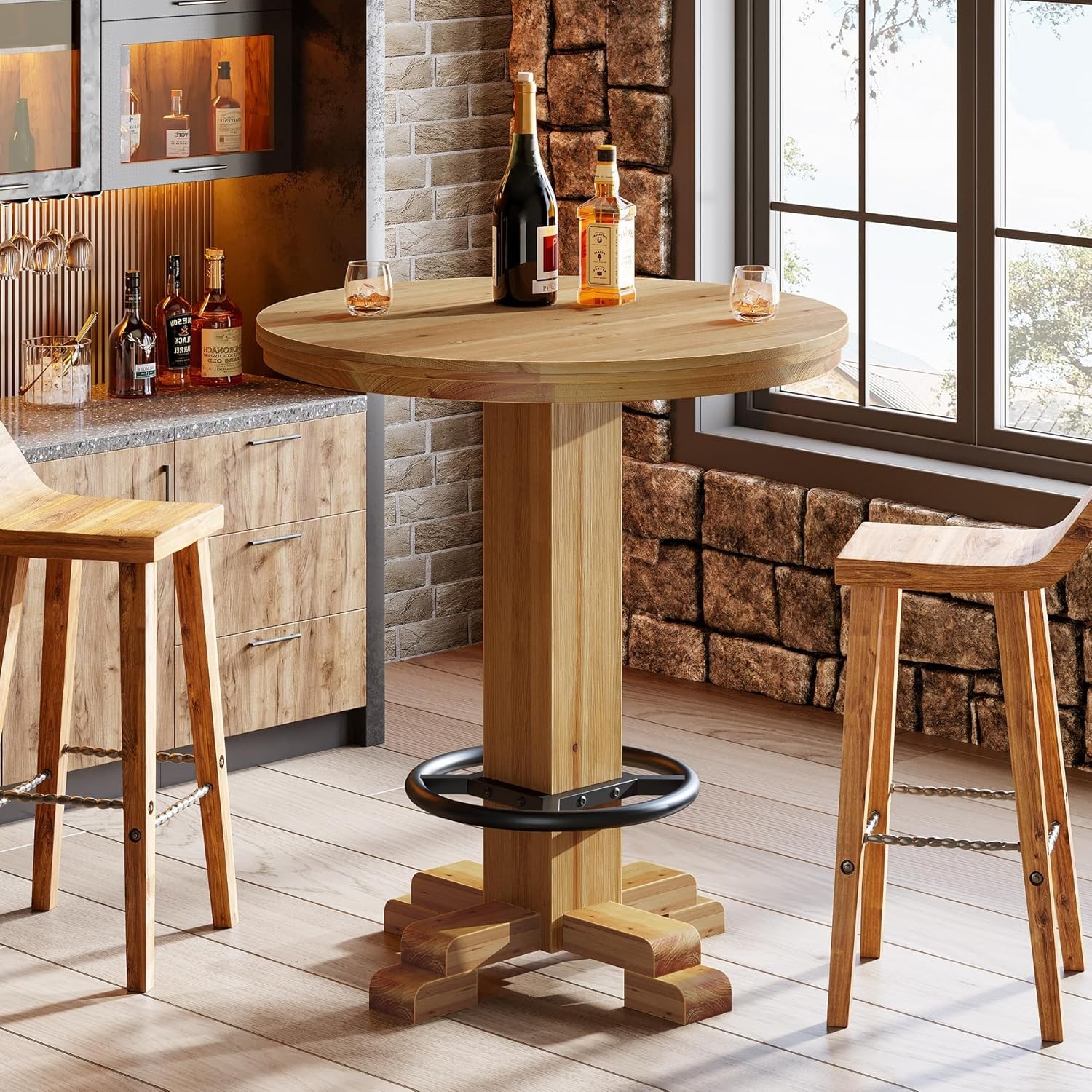 Round Bar Table, 37.4″ Counter High Pub Table with Metal Footrest for Bistro,Pub