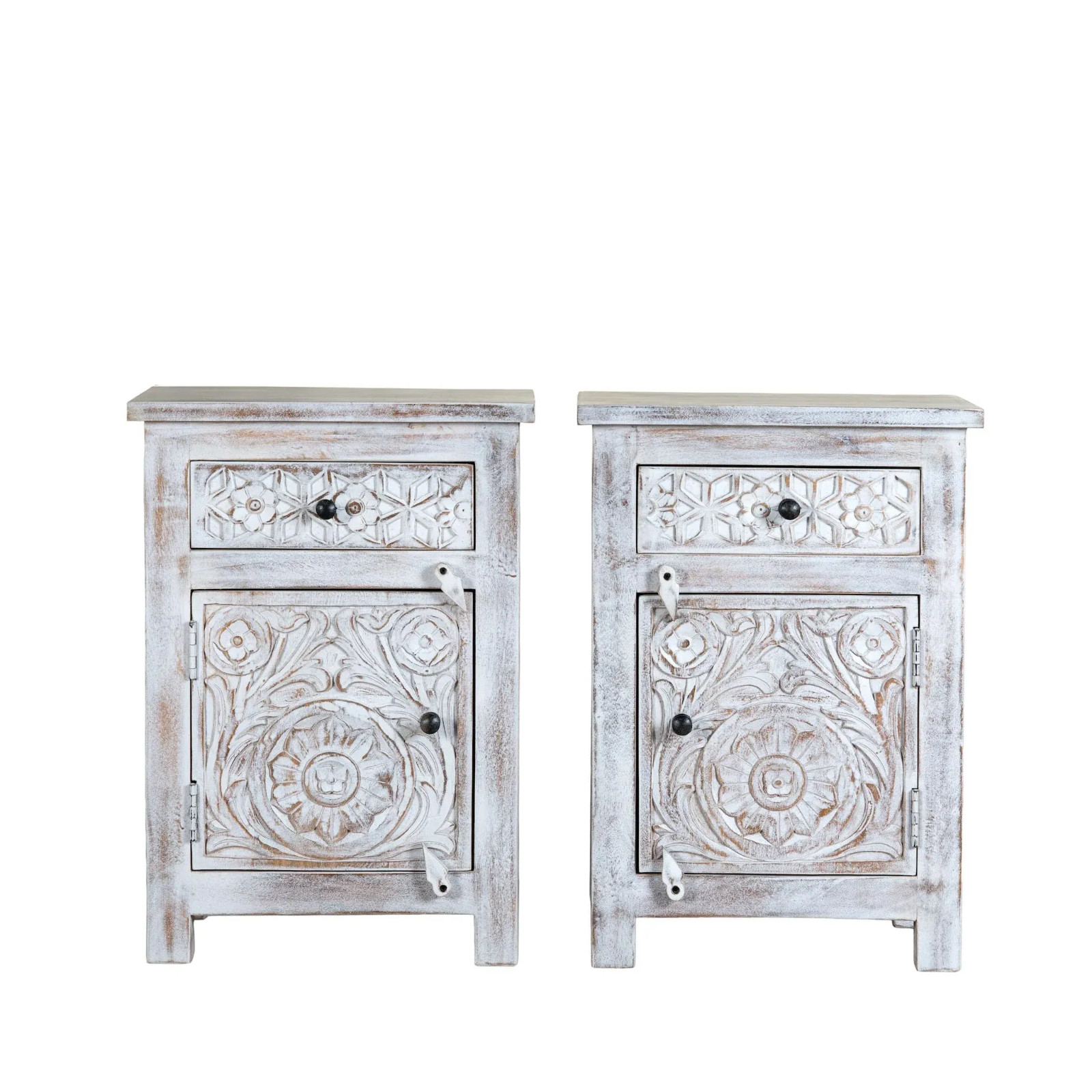 Artisan Handmade Bedside Table Solid Wood Hand Carved 18.1 × 13.8 × 25.6 inches