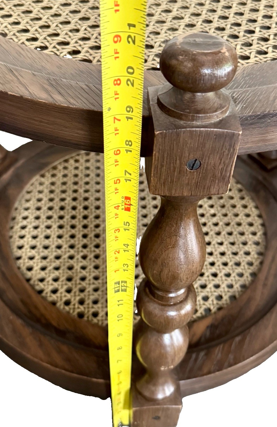 Vintage 70s Burwood Two Tier Round Side Table Faux Wood Plastic Cane Boho 22″