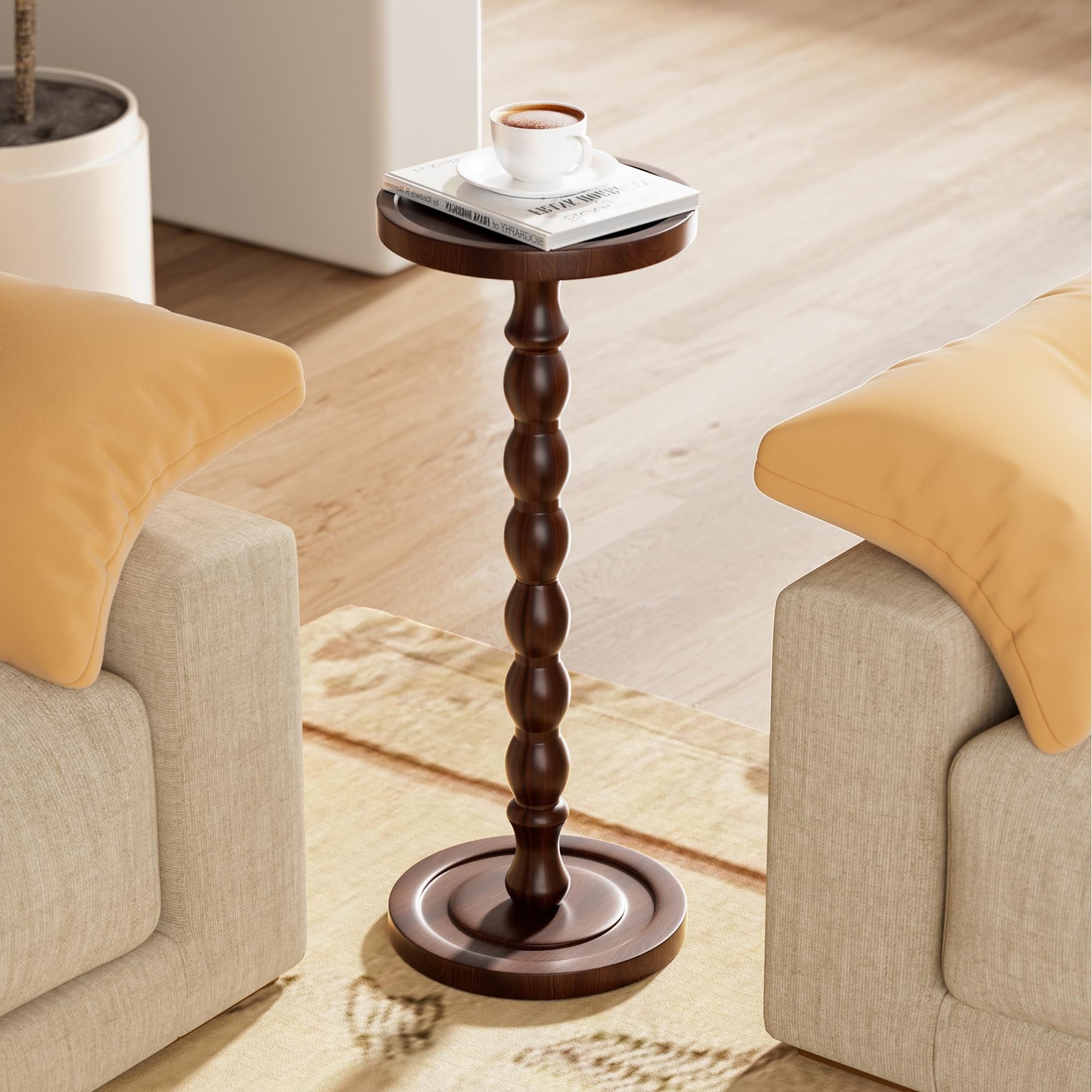 9.4 Inch Rubber Wood Round Side Table Small Drink Modern Accent Dark Walnut