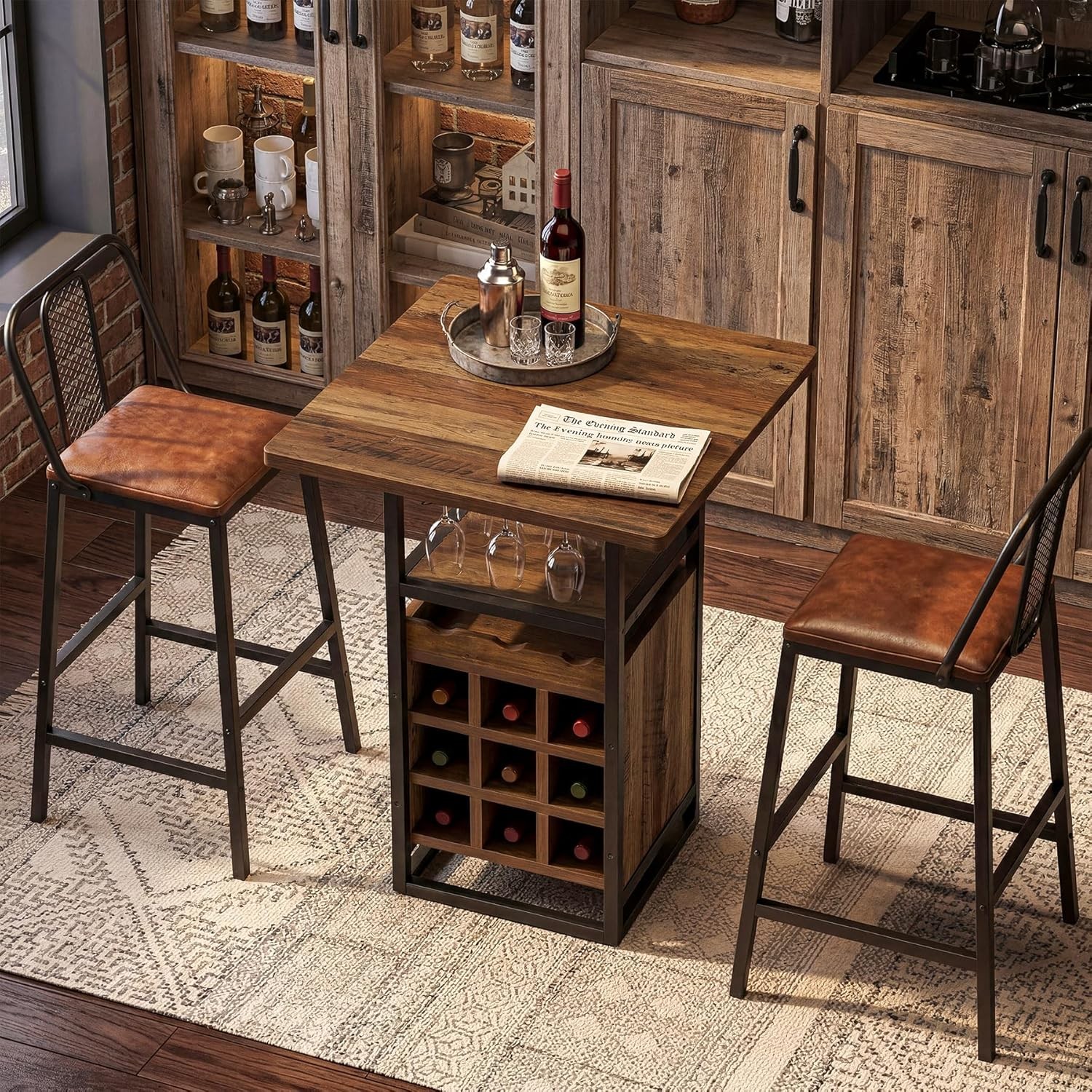 Versatile Square Bar Table Wine Bar Cabinet with Open Storage Shelves for Bistro