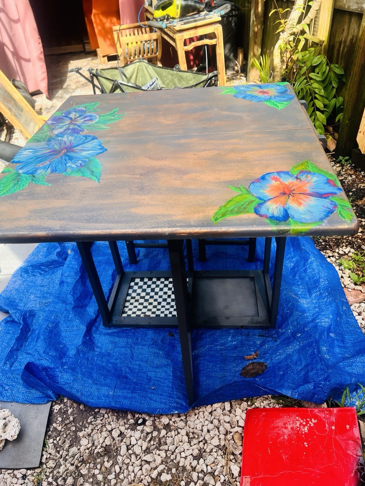 ArtistsWood Drop Leaf Table w/ 2 Drawers & 2 Stools, Floral Top, Rectangular