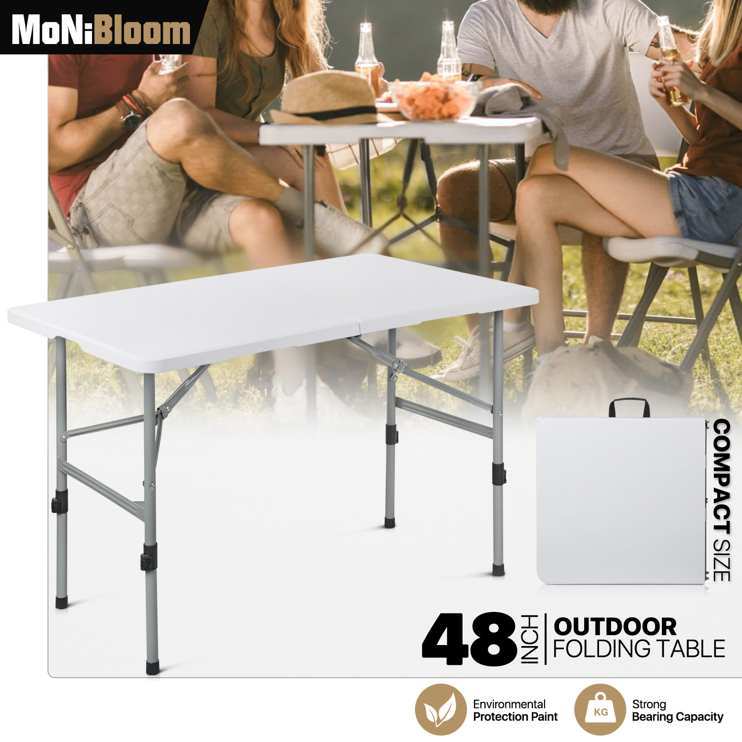 White[4 FT FOLDABLE CARD GAME TABLE]Outdoor Gathering Dining Desk w/Carry Handle