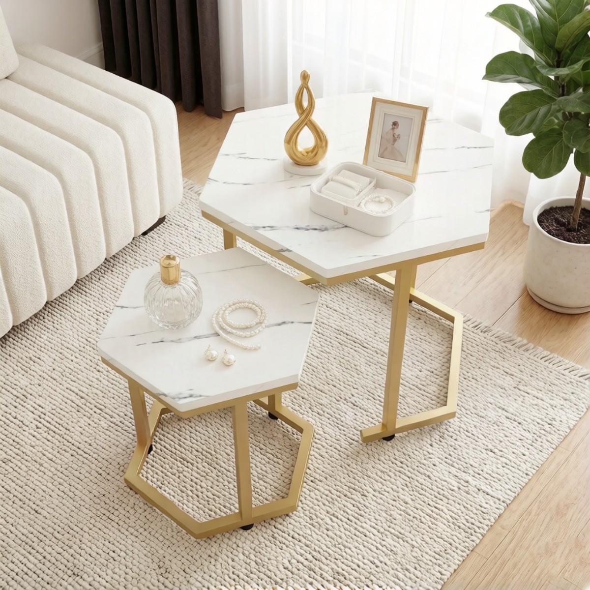 2pcs MDF Side End Table Nested Table Metal Frame Coffee Table Nightstands White