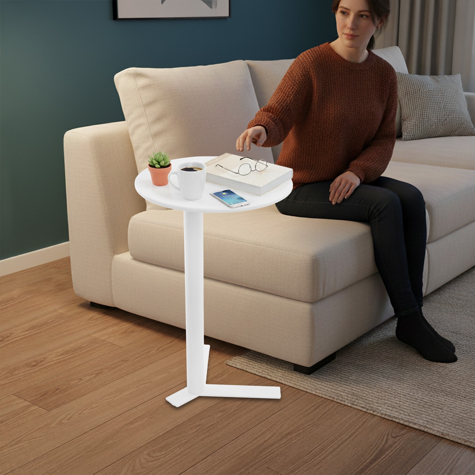 Round Side Table with Y-shaped Base, Metal Side Table, White Couch End Table