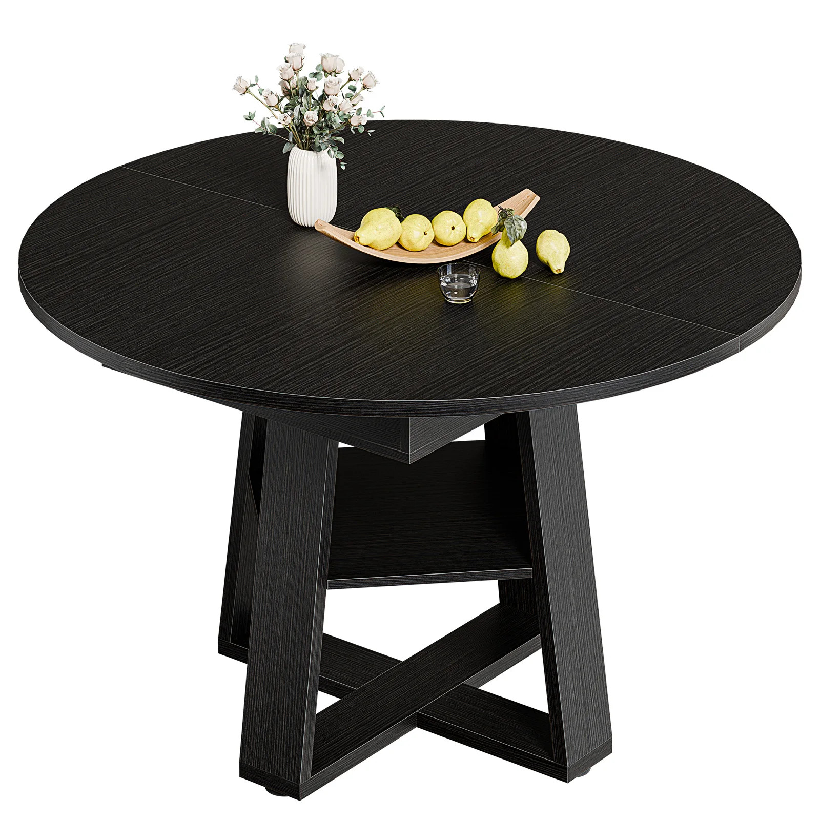 Extendable Round Dining Table Oval Kitchen Table w/Storage Shelf Pedestal Base