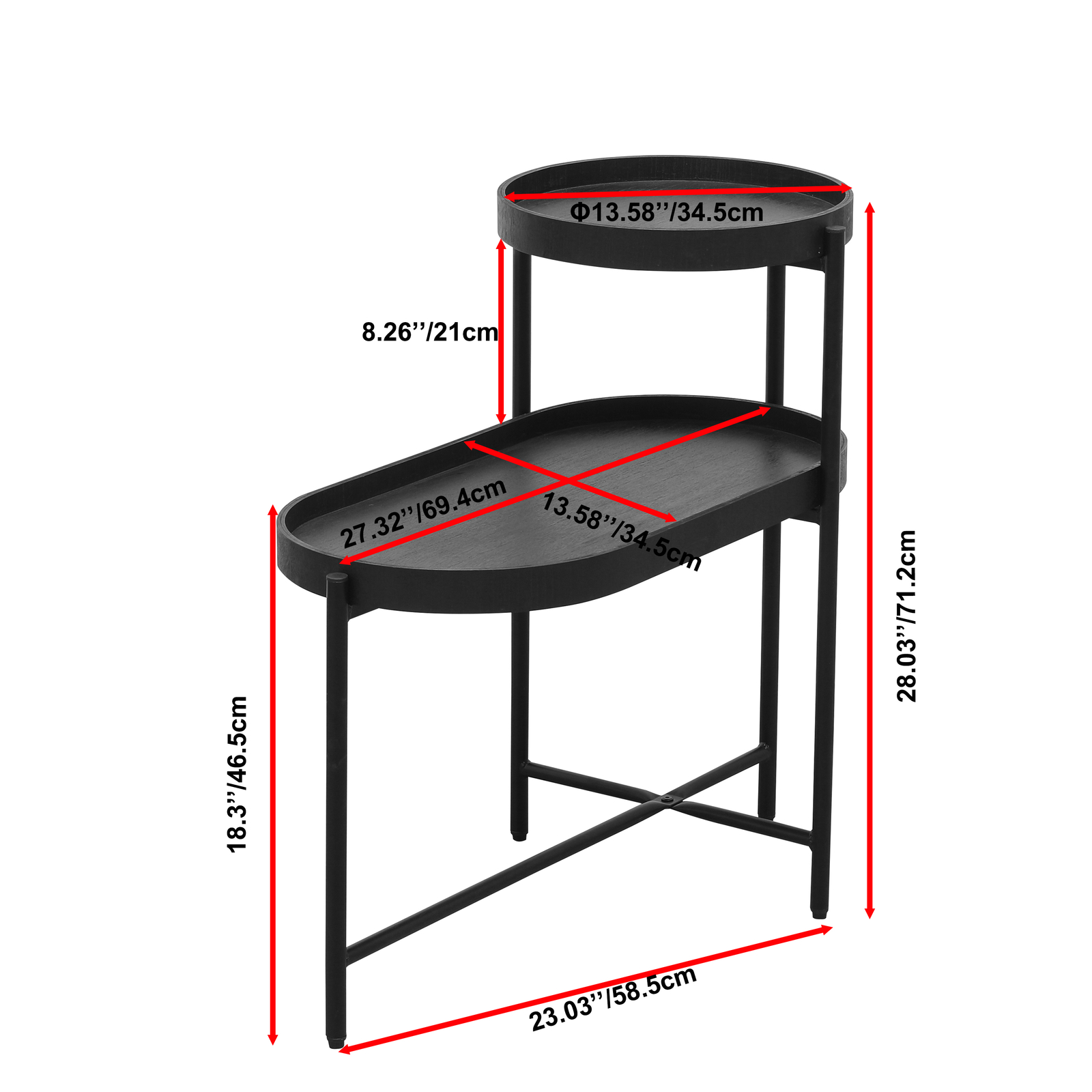 2-Tier Black Side Table with Storage Sofa Table Metal Frame & Wooden End Table