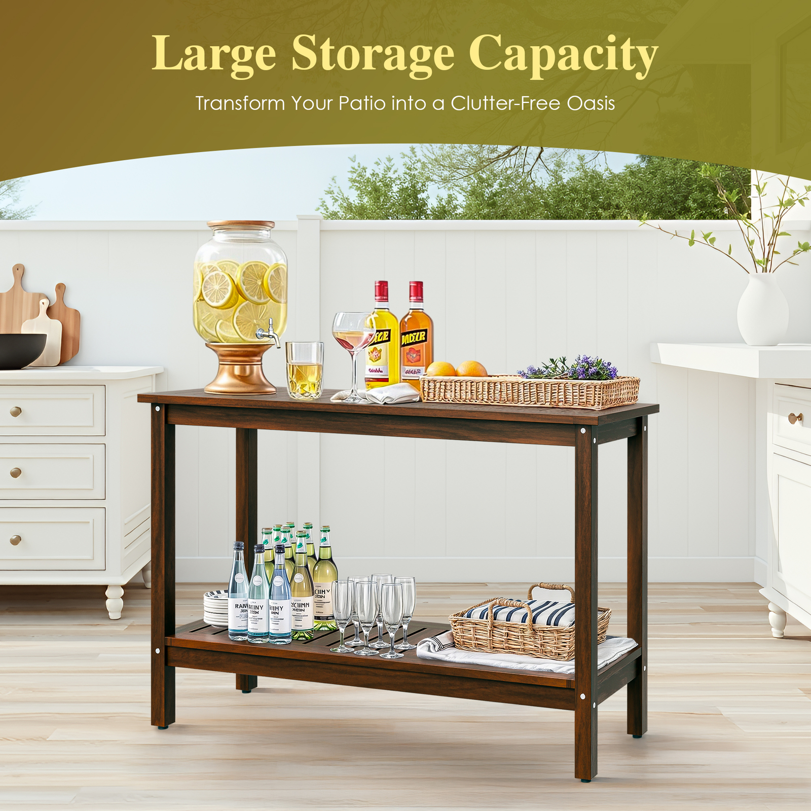 Outdoor Wooden Console Table with 2 Tier Shelf Patio Side Accent Table Coffee