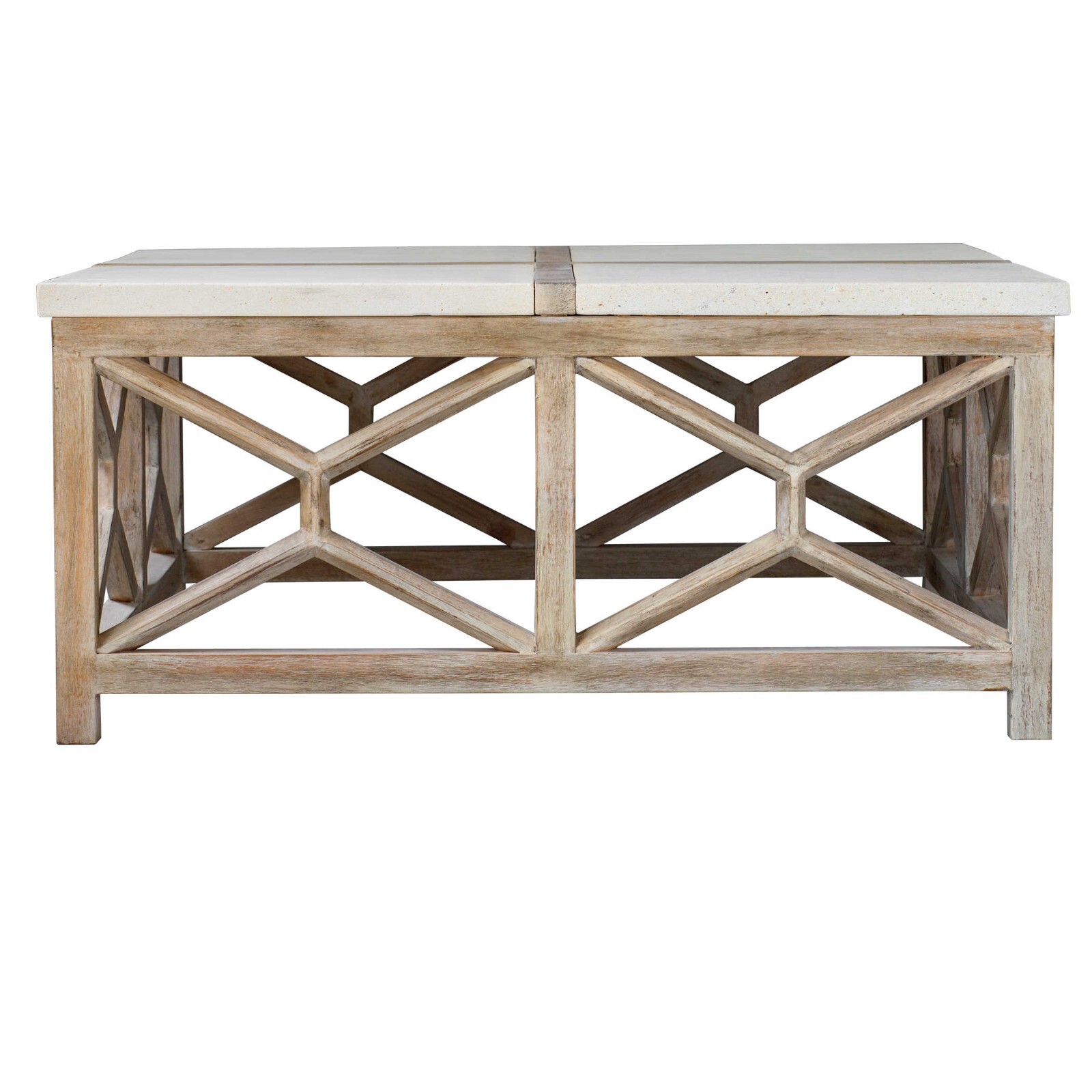 Open Light Weathered Wood Coffee Table Stone Top X Natural Minimalist Square