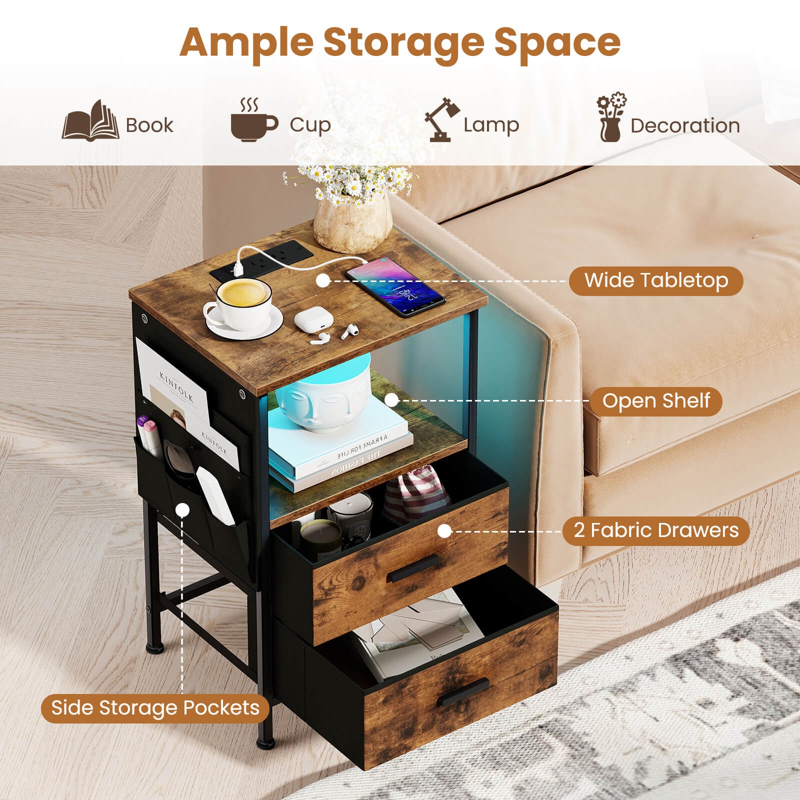 End Table w/Charging Station, 2 Folding Fabric Drawers, 6 Side Storage Pockets