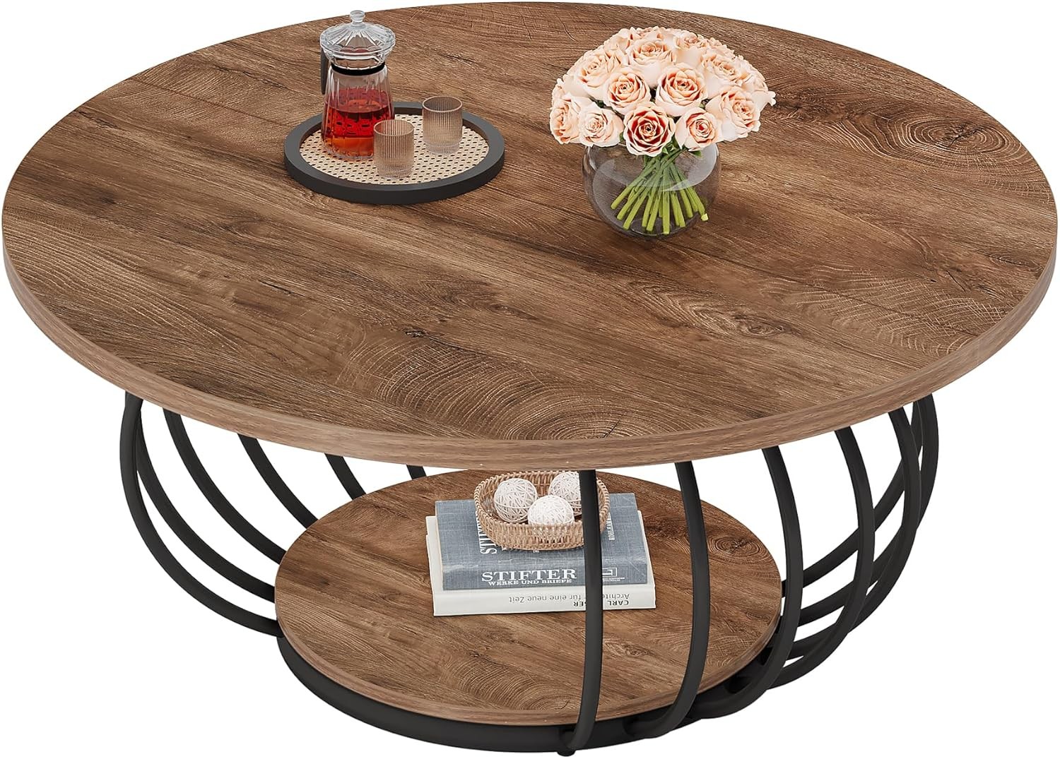 39.4-Inch Round Coffee Table Industrial Center Cocktail Table for Living Room