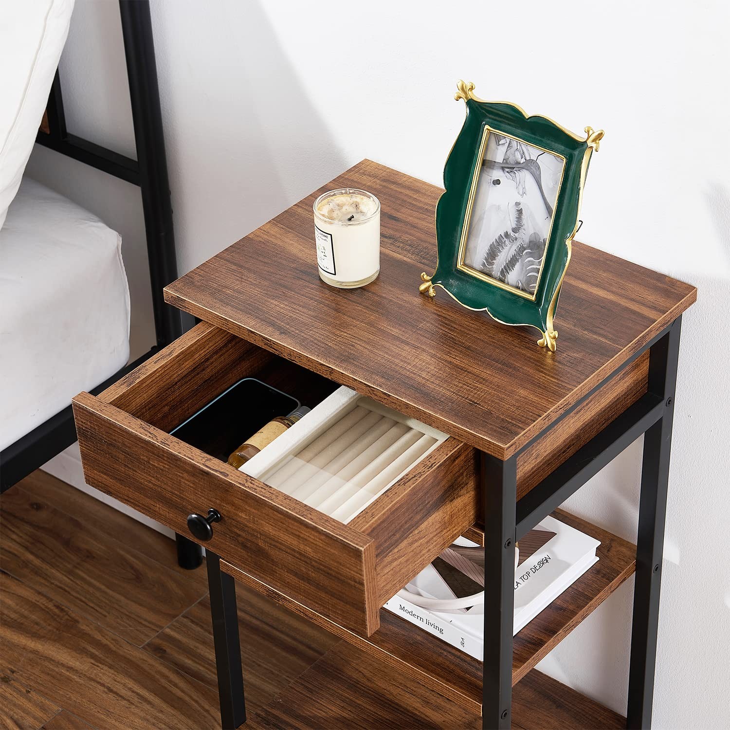 VECELO Versatile Side End Table 27.6” Tall Nightstand with Storage Shelves and D