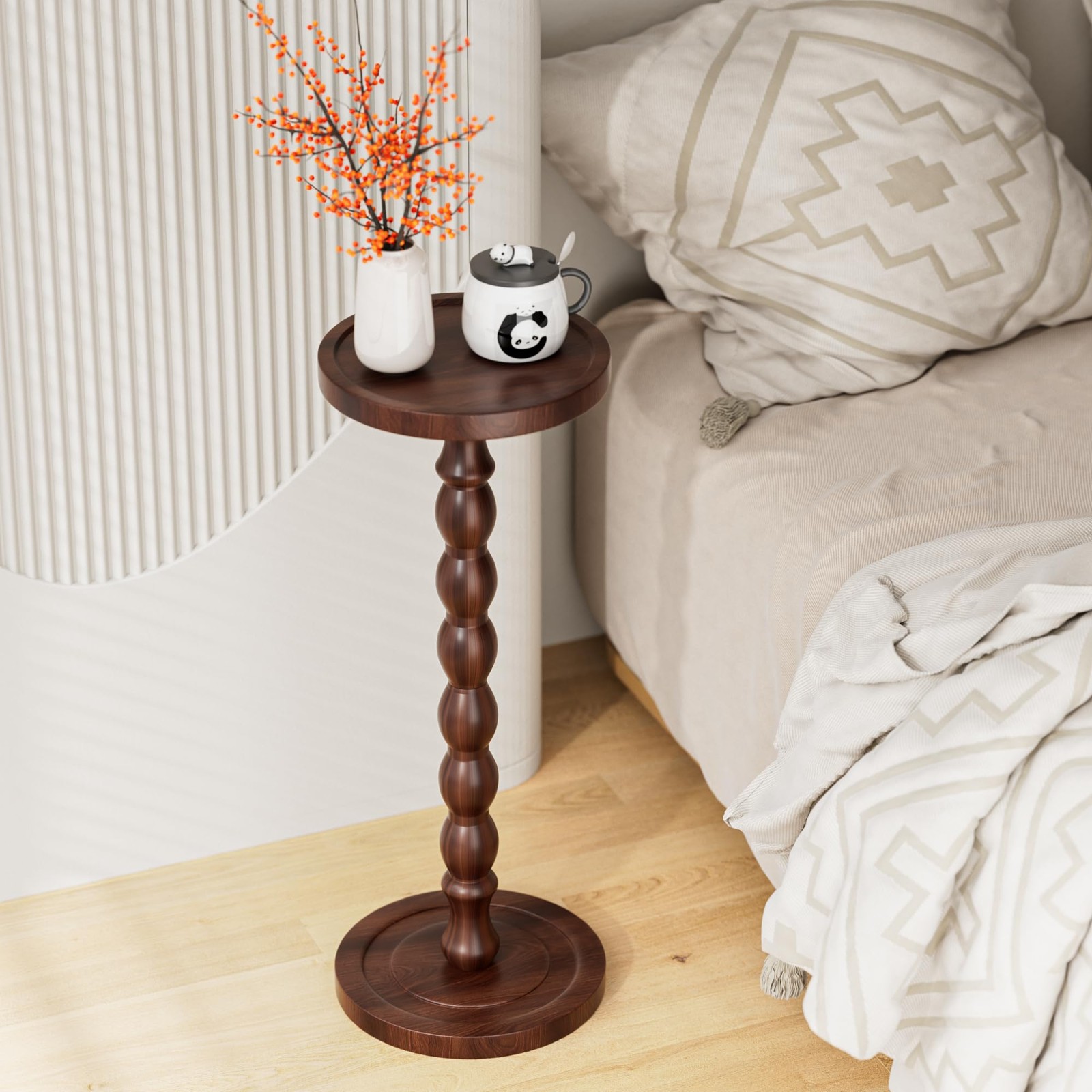 9.4 Inch Rubber Wood Round Side Table Small Drink Modern Accent Dark Walnut