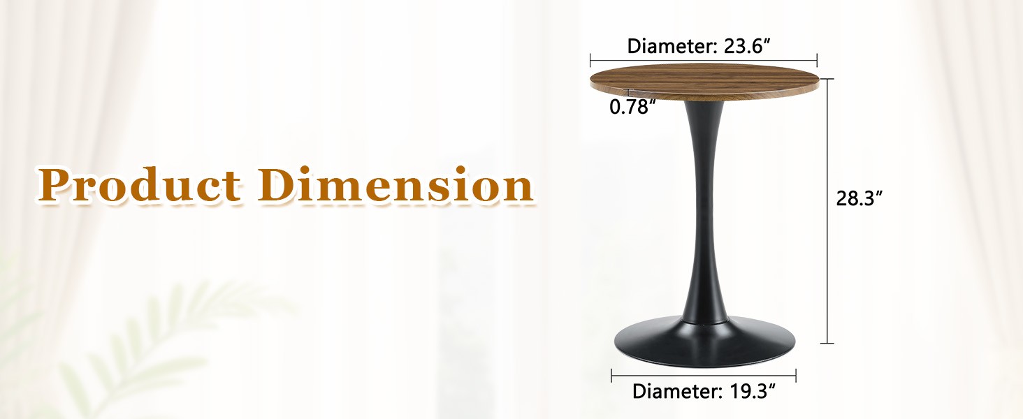 Round Tulip Dining Table 23.6″ Faux Walnut MDF Top Metal Pedestal Base