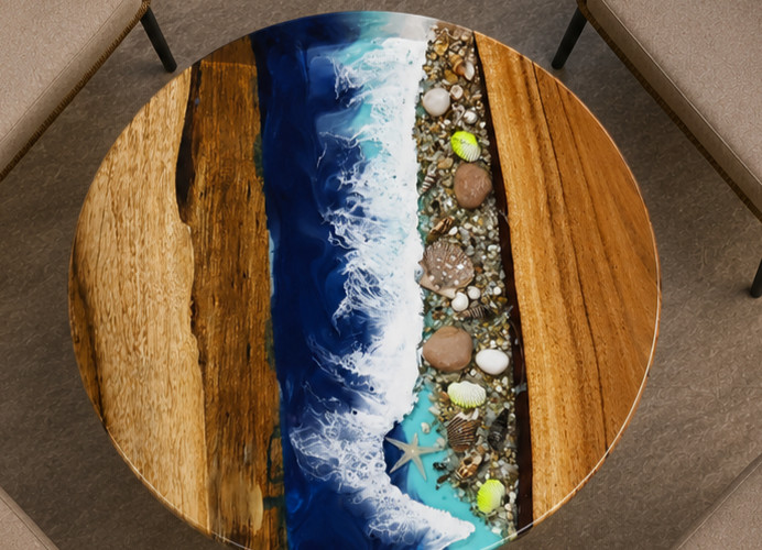 Blue Epoxy Resin Round Coffee Table Handcrafted Acacia Wood River Furniture Deco
