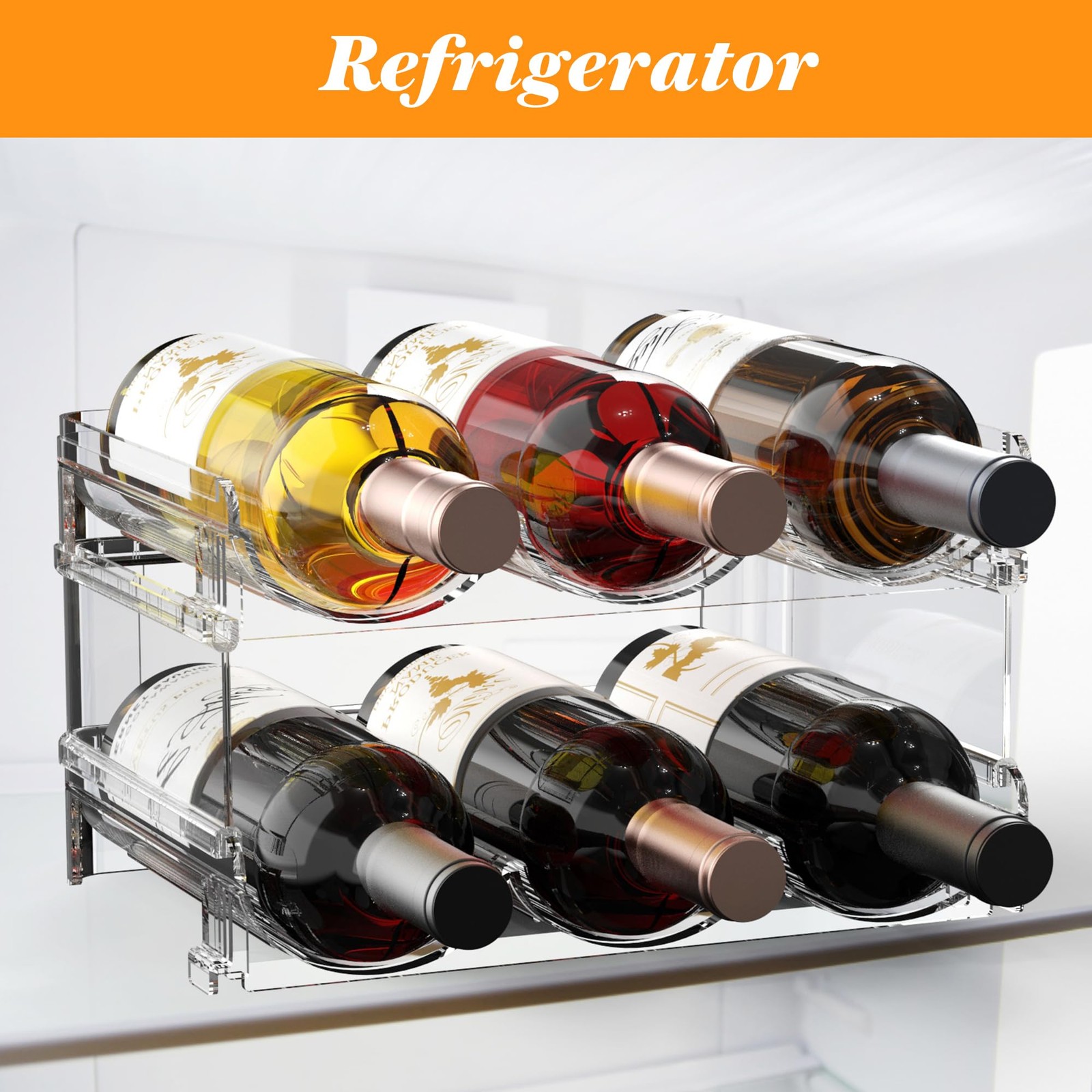 Plastic Stackable Wine Rack for Refrigerator, 2 Tier Large 6 bottle, Clear