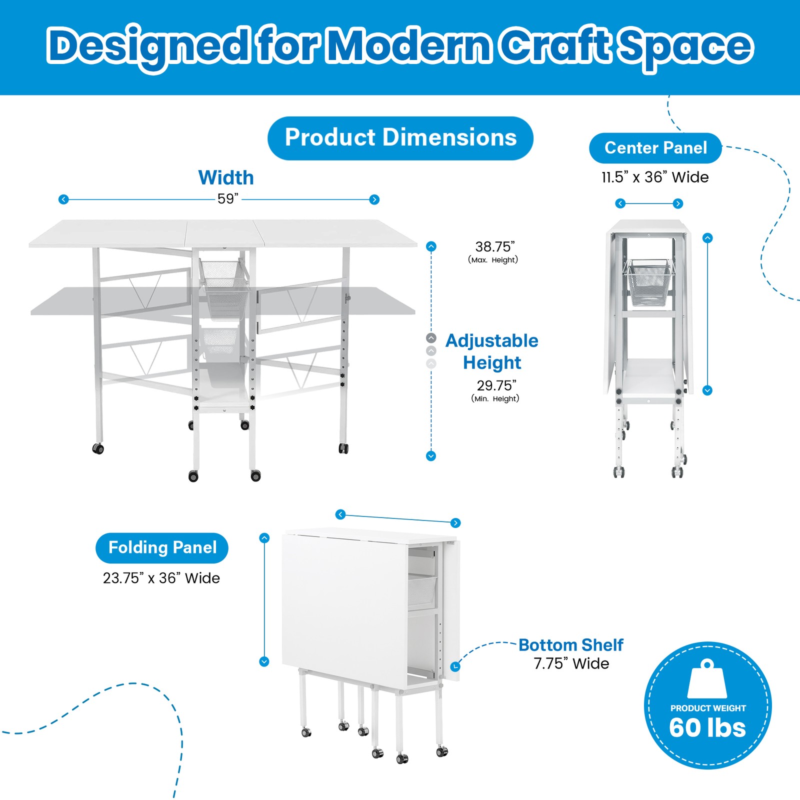 Sew Ready Folding Sewing Craft Table with Storage Drawers and Wheels, White