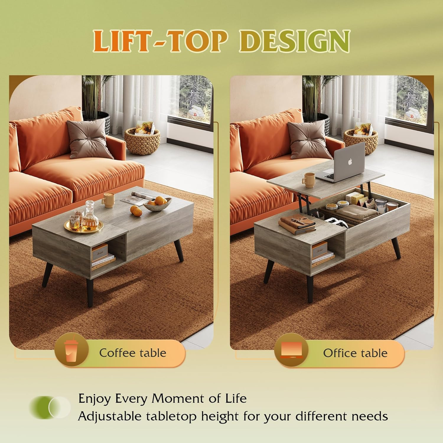 Lift Top Coffee Table with Storage – 39″ Greige Wooden Center Table
