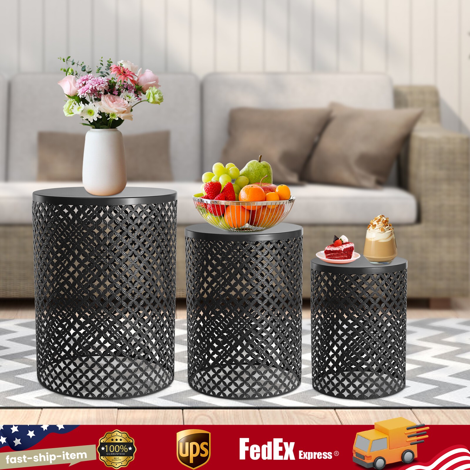 3 Pcs Outdoor Side Table Metal Frame Accent Table Modern End Table (S/M/L)
