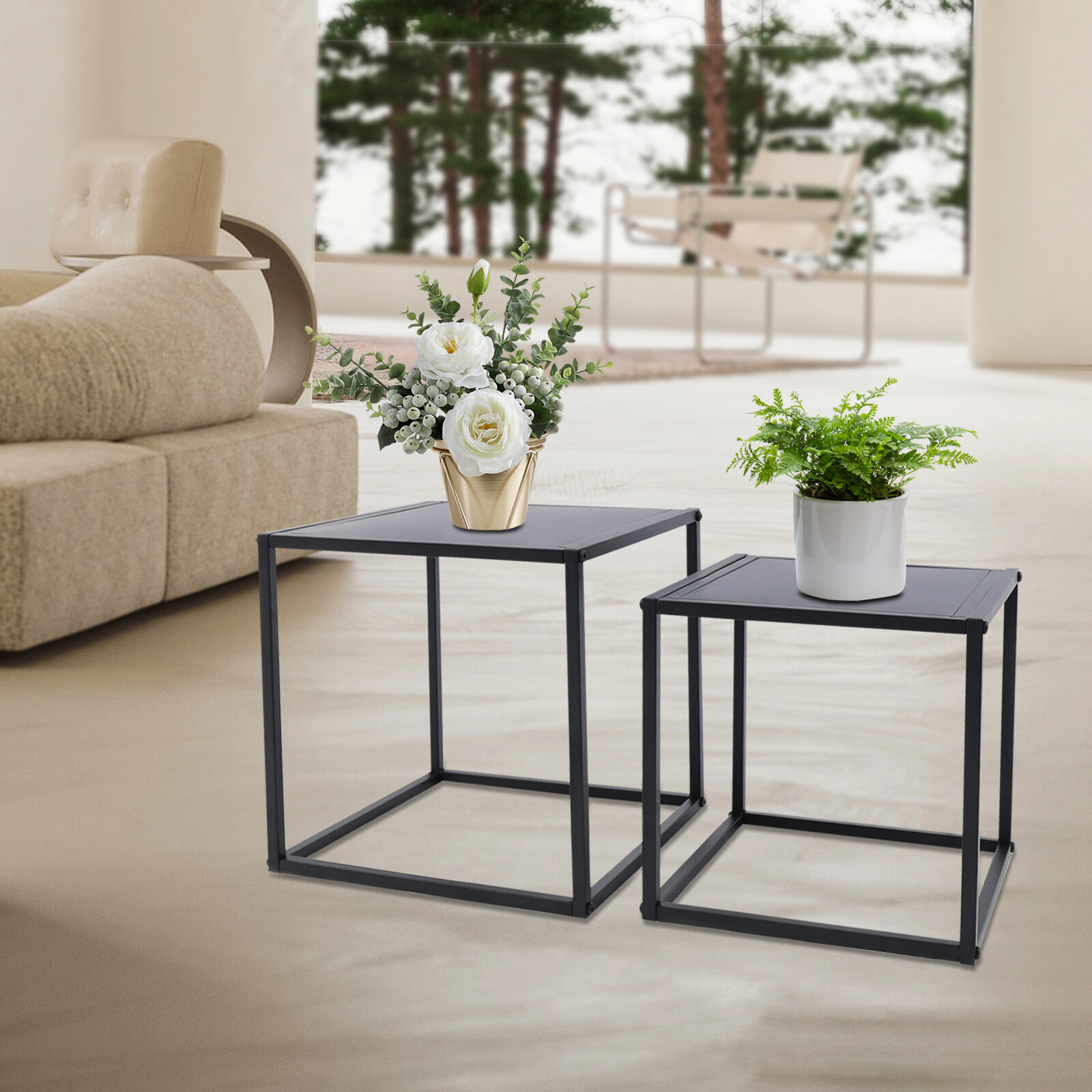 2x Square Coffee Table End Table Modern Metal Side Table Matt Black Home Office